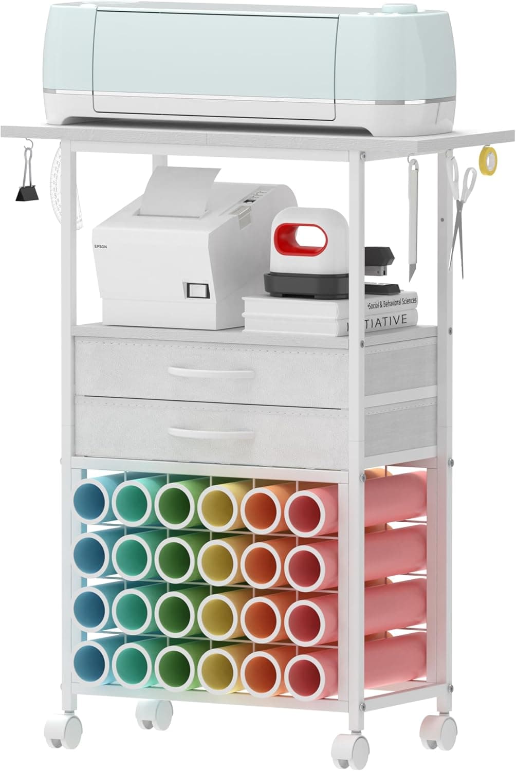 Organizer and Storage Stand Compatible with Cricut Machines,Rolling Storage Cart/Shelf with 24 Vinyl Roll Holders，2 Fabric Drawer,Accessories Holder,Tool Hook for Craft Room Home (white) - Image 2
