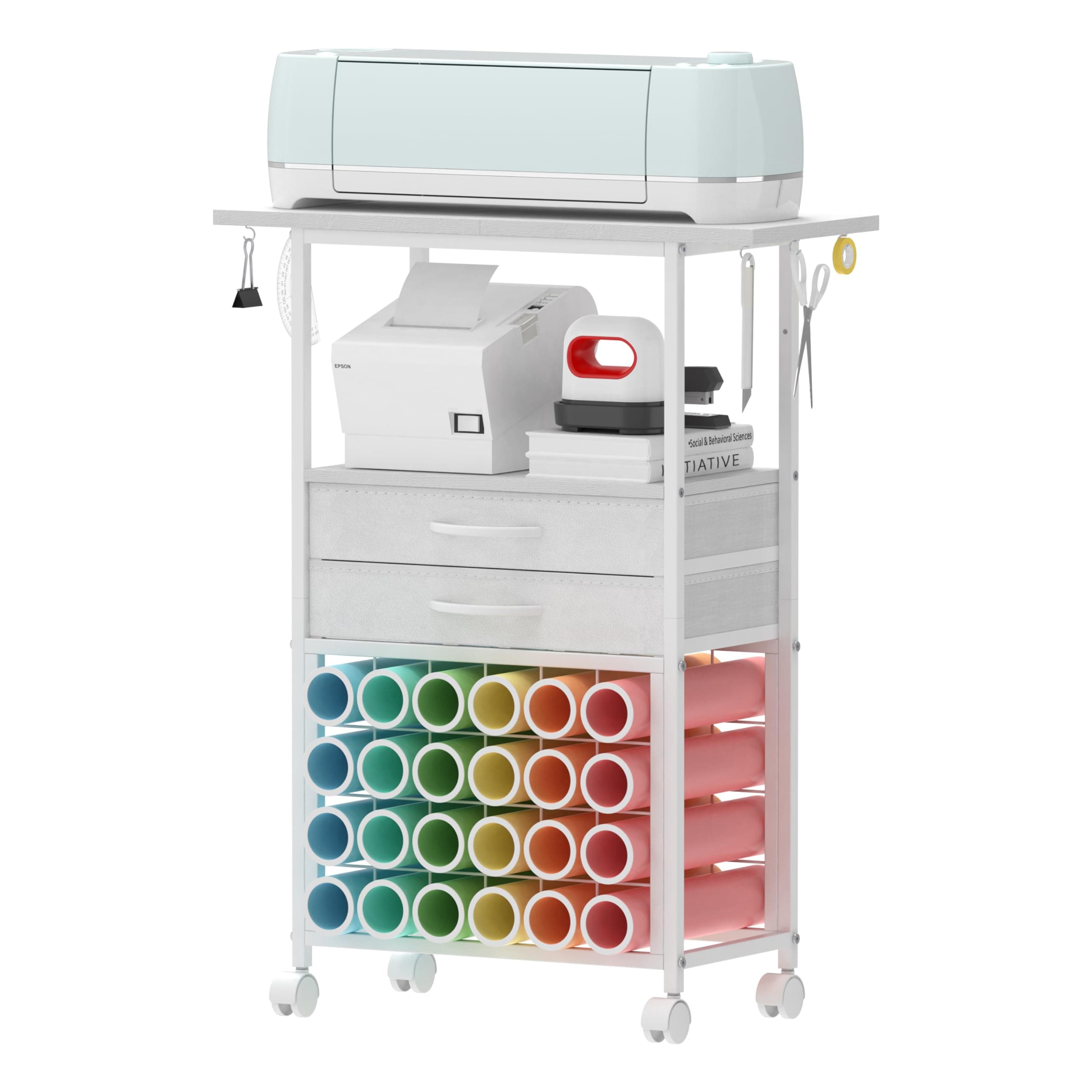 Organizer and Storage Stand Compatible with Cricut Machines,Rolling Storage Cart/Shelf with 24 Vinyl Roll Holders，2 Fabric Drawer,Accessories Holder,Tool Hook for Craft Room Home (white)