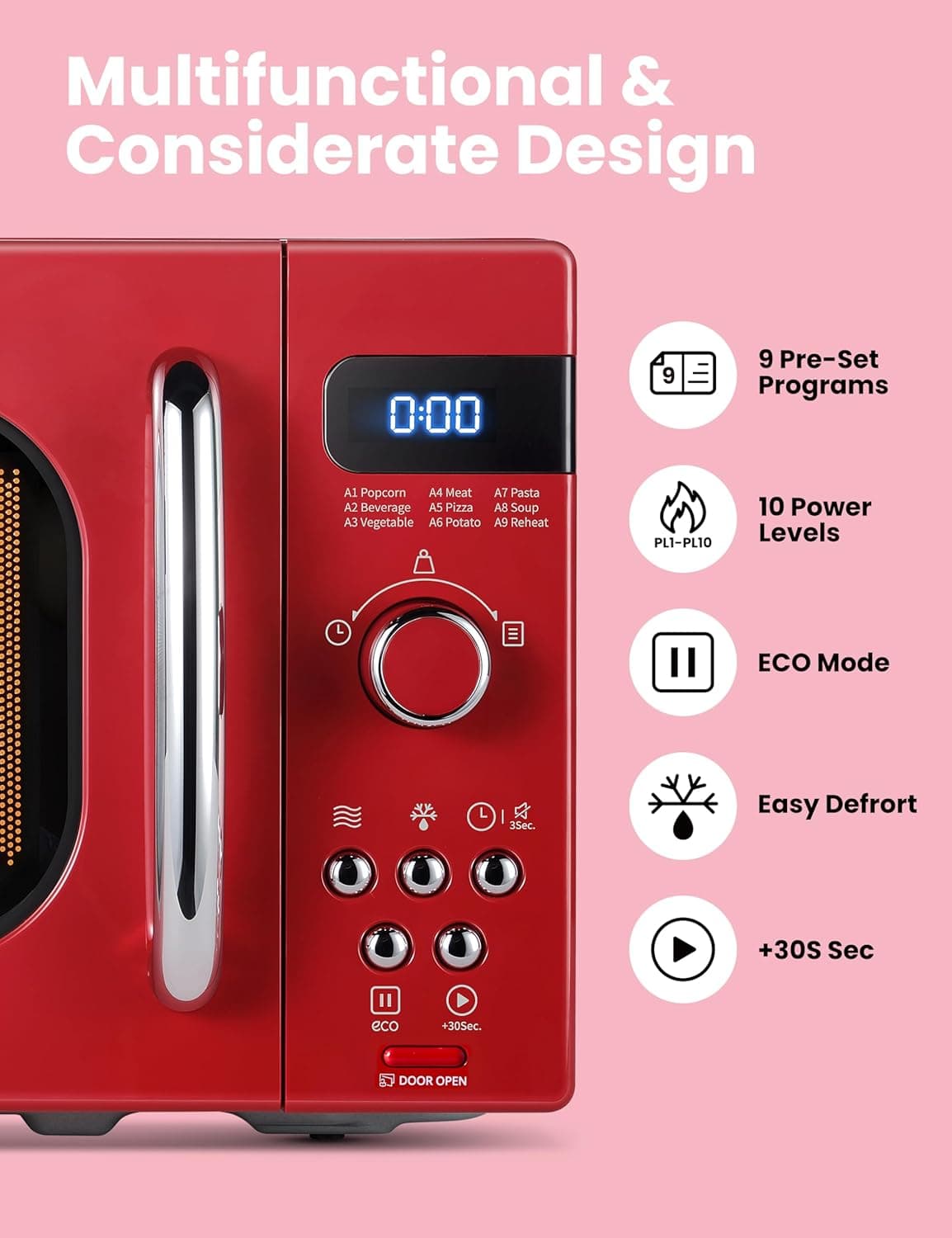 COMFEE' Retro Small Microwave Oven With Compact Size, 9 Preset Menus, Position-Memory Turntable, Mute Function, Countertop, Perfect For Small Spaces, 0.7 Cu Ft/700W, Red, AM720C2RA-R - Image 3