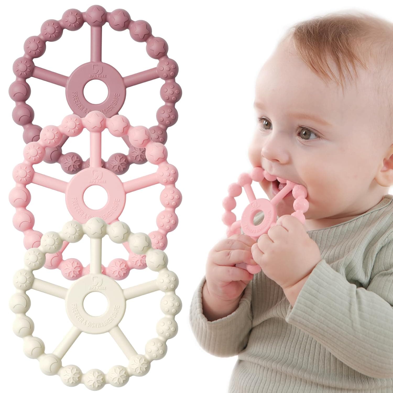 3 Pack Ring Teether Baby Infant Toys, Baby Essentials, Silicone Teething Ring Toys for Babies 6 Months, Seposeve Toddler Teethers 6-12 Months 12-24 Months, Infant Teething Relief, Purple Pink White - Image 2
