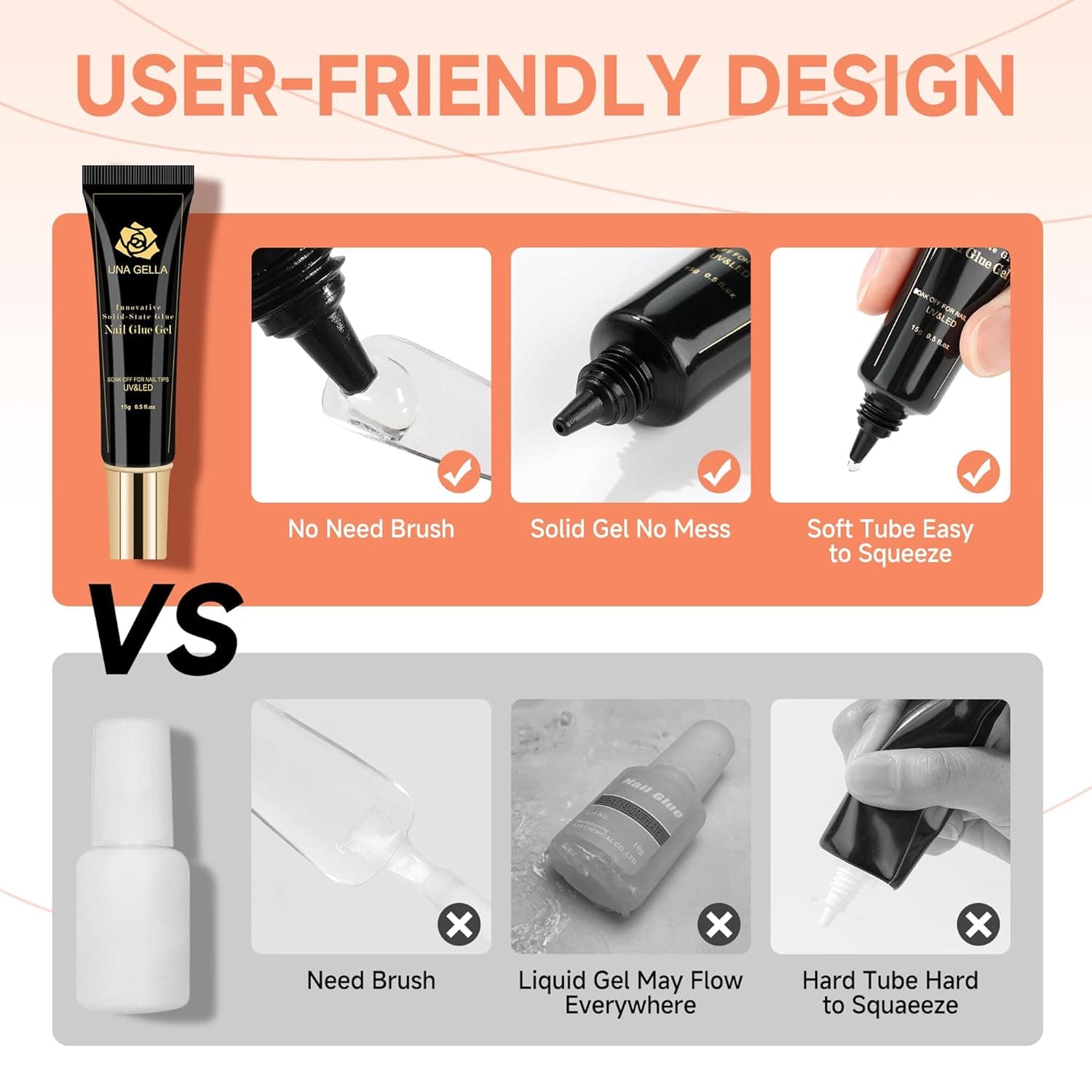 UNA GELLA Solid Nail Glue Gel 15ml Lamp Curing Needed Solid Soak Off U V/LED Lamp Required Super Strong Glue For Fake Acrylic Soft Gel Nail Tips Press On Nails Art Extension B-1 Pcs Nail Tips Glue - Image 5