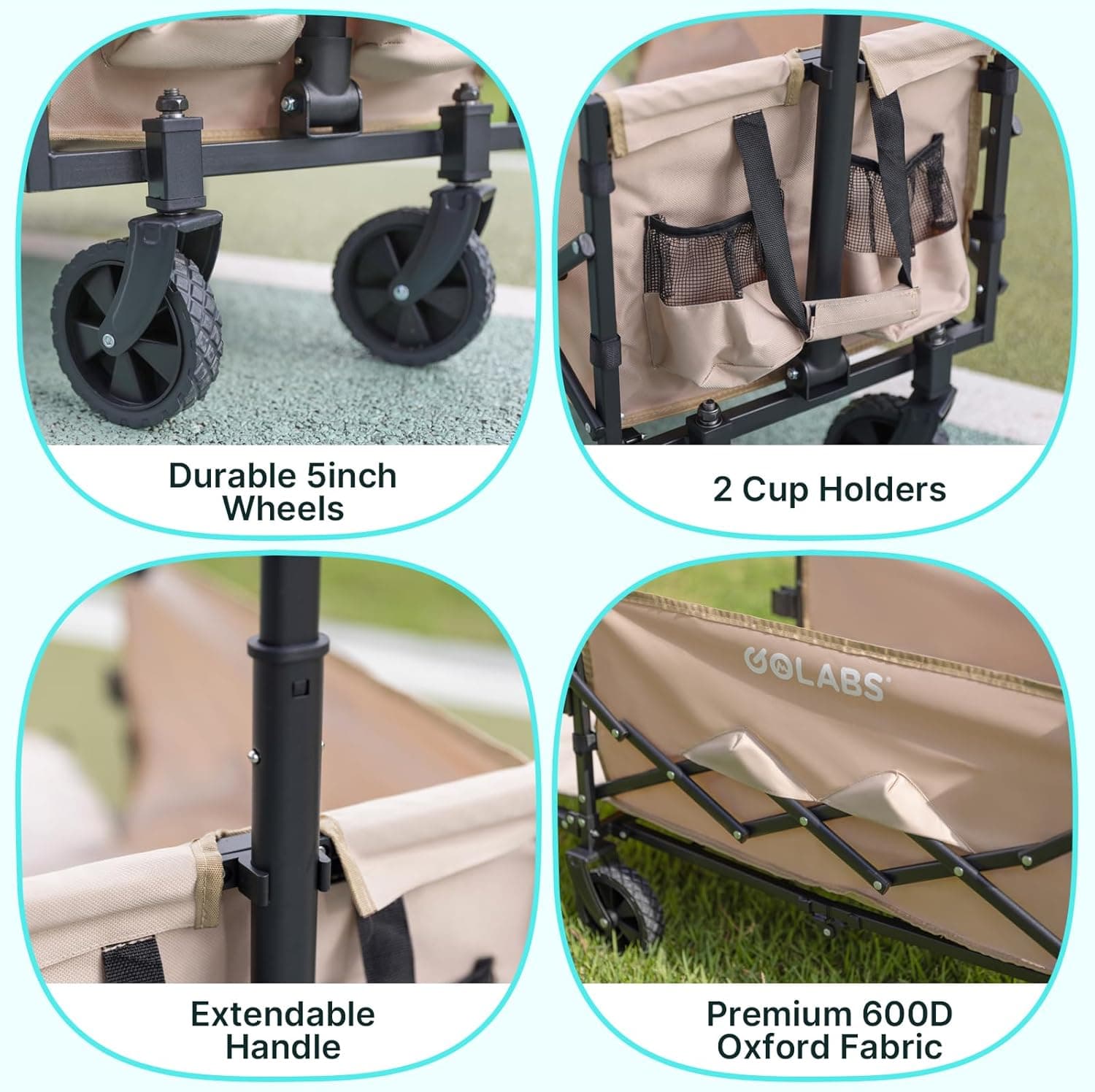 Golabs Collapsible Wagon Cart Max 350lb Load & Expandable Storage 100L, Double Bearing Design for Flexible Steering, Foldable Heavy Duty Garden Cart with 2 Cup Holders for Groceries, Garden & Camping Black - Image 6