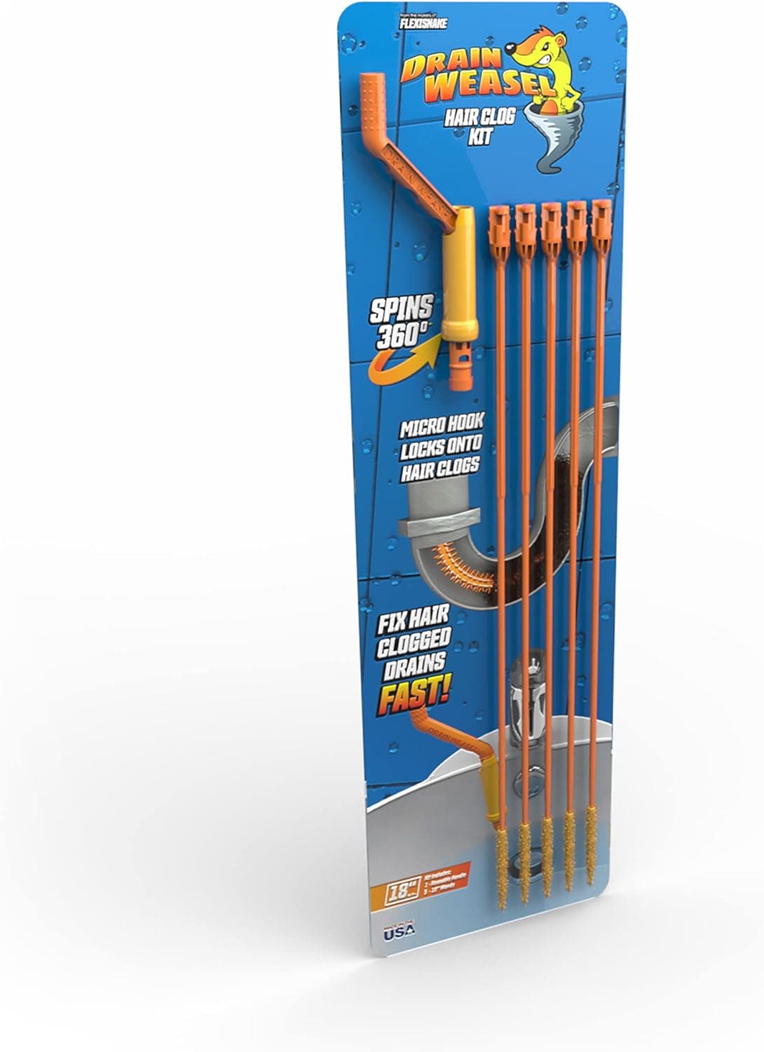 FlexiSnake Drain Weasel Sink Snake Hair Clog Remover Tool, Pipe, Bathroom, Bathtub Cleaner, 18-inch, Made in the USA, 5 Wands and Removable Handle 5 Pack - Image 2