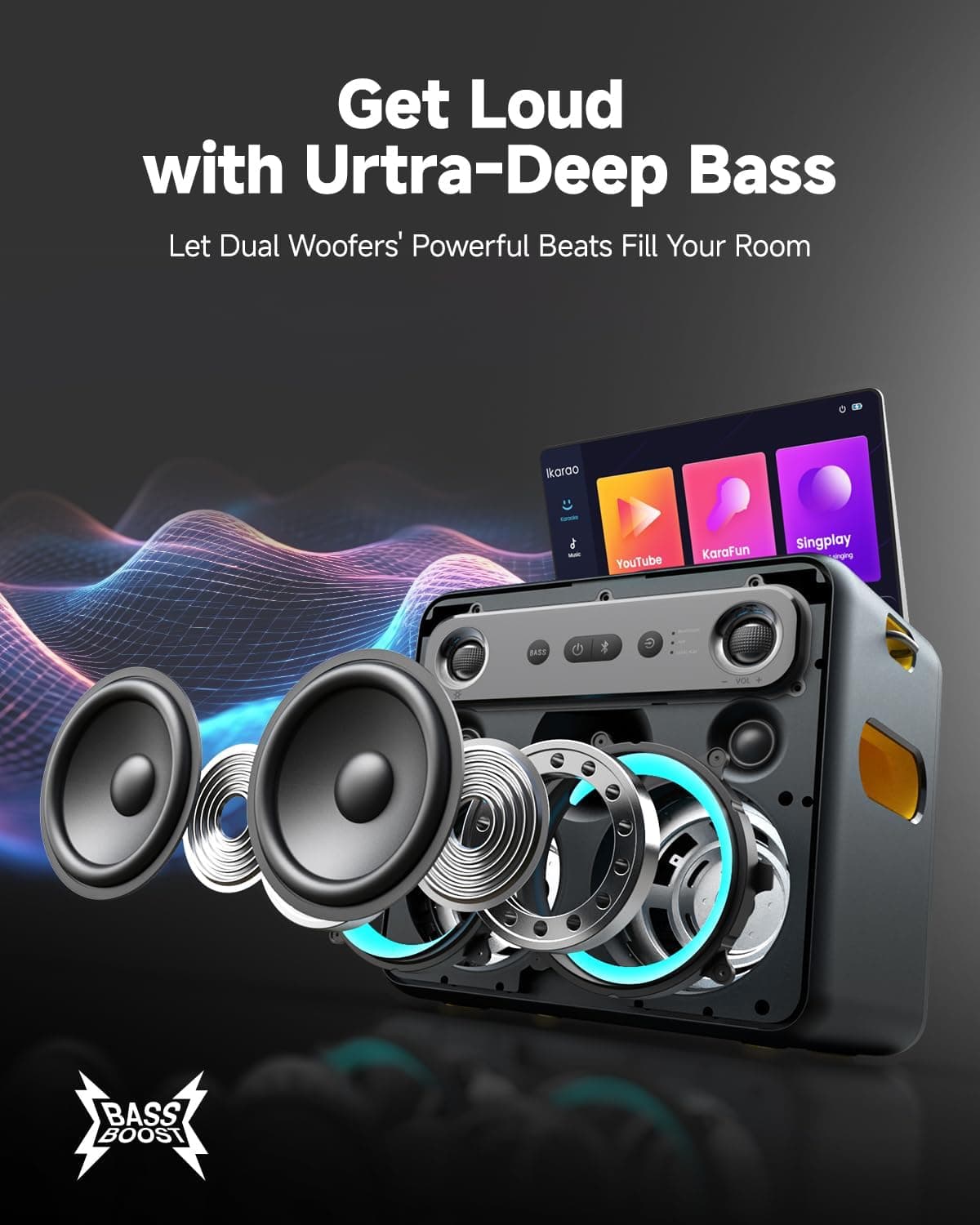 Ikarao Smart Karaoke Machine for Adults - with Lyrics Display, 32GB Karaoke Tablet, 2 Wireless Mics, Professional Karaoke System, 300W Peak Power, 4 DJ Lights, Karaoke Speaker for Any Occasion Break X2 with Wireless Microphones - Image 6