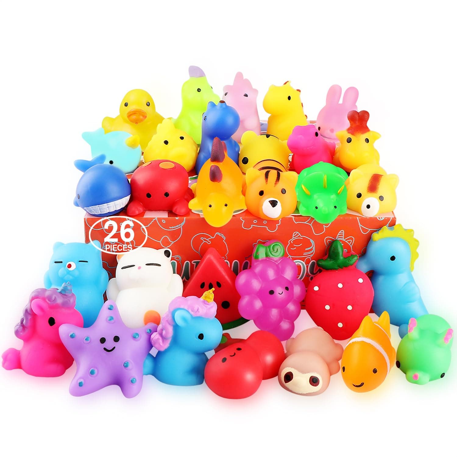 Squishies, 26 Pack Mochi Squishy Toys - Kawaii Cat Squishys Slow Rising Animals - Party Favors, Goodie Bag, Birthday Gifts, Mini Squishies Stress Reliever Toy