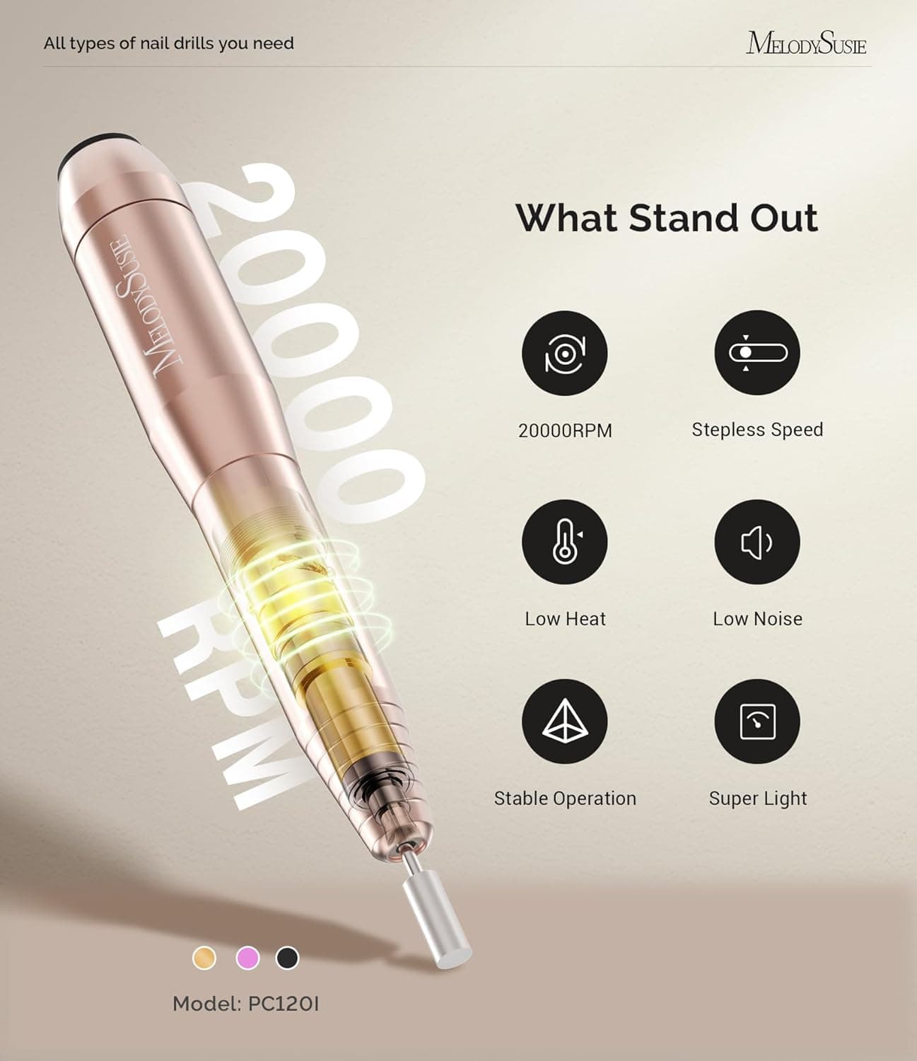 MelodySusie Pen-Shaped Portable USB Nail Drill, PC120I 20000RPM Electric Nail File with Compact Design for All Nail Care, Manicure Polishing, Shaping & Gel Removal at Home for Beginners A-gold - Image 5