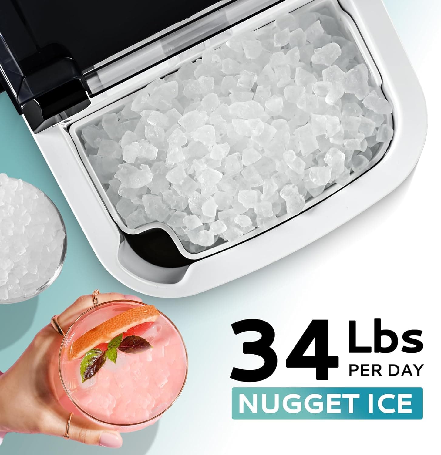 EUHOMY Nugget Ice Maker Countertop with Handle, Ready in 6 Mins, 34lbs Per Day, Removable Top Cover, Auto-Cleaning, Portable Sonic Ice Maker with Basket and Scoop, for Home/Party/RV/Camping (Black) - Image 3