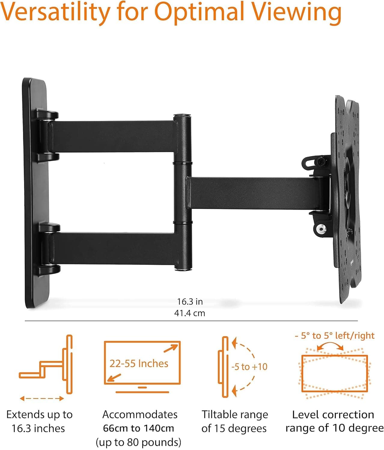 Amazon Basics Full Motion Articulating TV Wall Mount, with Swivel and Tilt, for 26" to 55" TVs and Flat Panels up to 80 Lbs, VESA Compatible, Black 26" to 55" Full Motion Articulating - Image 3