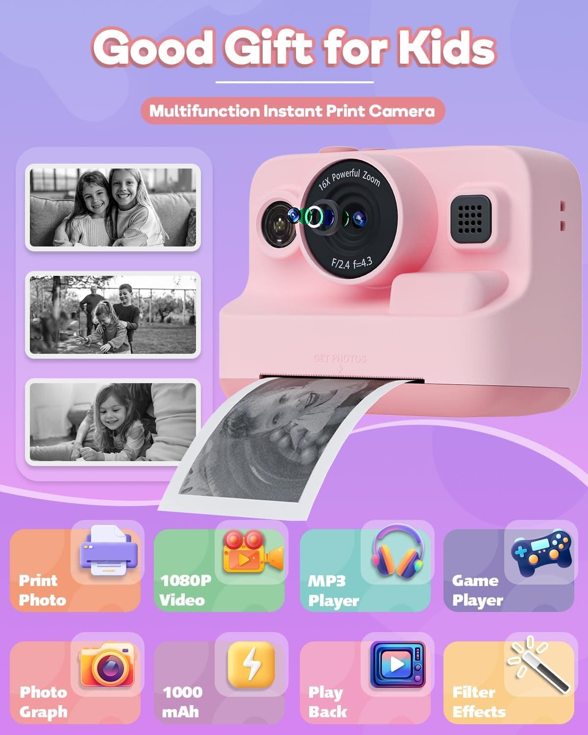 Dylanto Kids Camera Instant Print, 1080P Kids Instant Cameras na Nagpi-print ng mga Larawan, Mga Regalo sa Pasko at Kaarawan para sa mga Batang Babae Edad 3-12 - Image 3