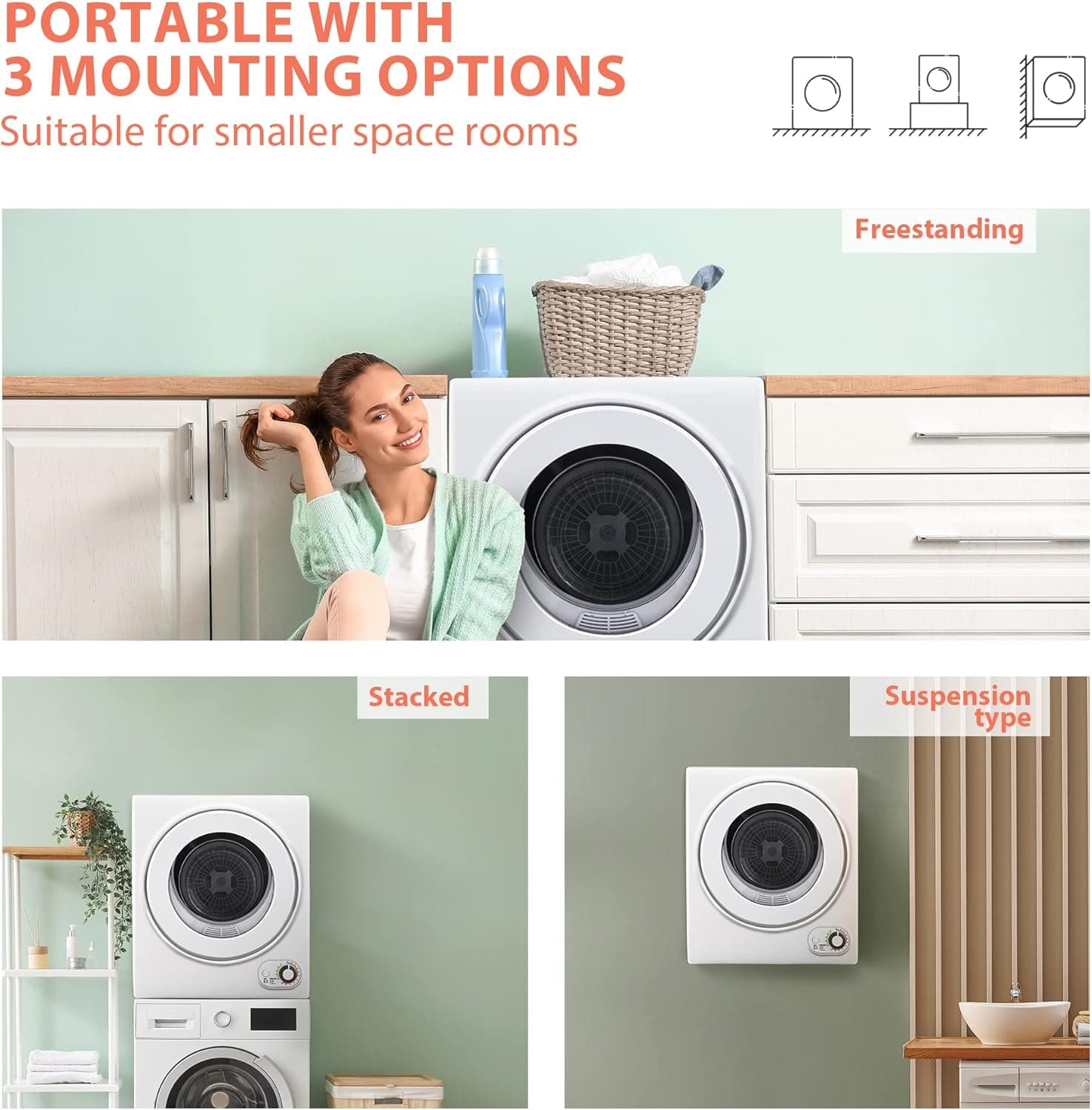Euhomy Portable Dryer 1.5 cu. ft., 850W Powerful Clothes Dryer with Stainless Steel Drum and Exhaust Hose, Dryer Ideal for Apartments, RVs, Dorm Rooms，White 1.5 Cu.Ft. - Image 3