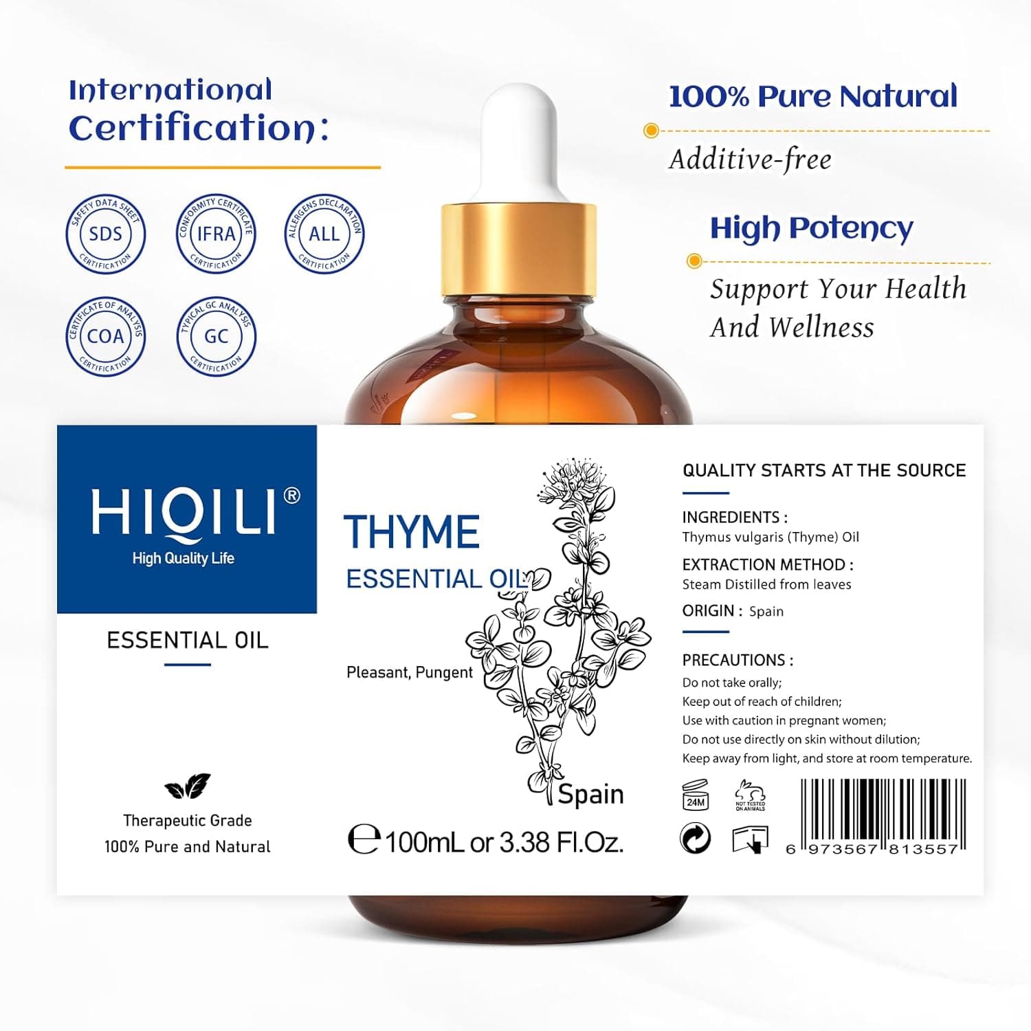 HIQILI 3.38 Fl Oz Thyme Essential Oil, 100% Pure Undiluted for Hair, Skin, Diffuser, Aromatherapy, Includes 10ML Travel Bottle - 100ML Thyme 3.38 Fl Oz (Pack of 1) - Image 8