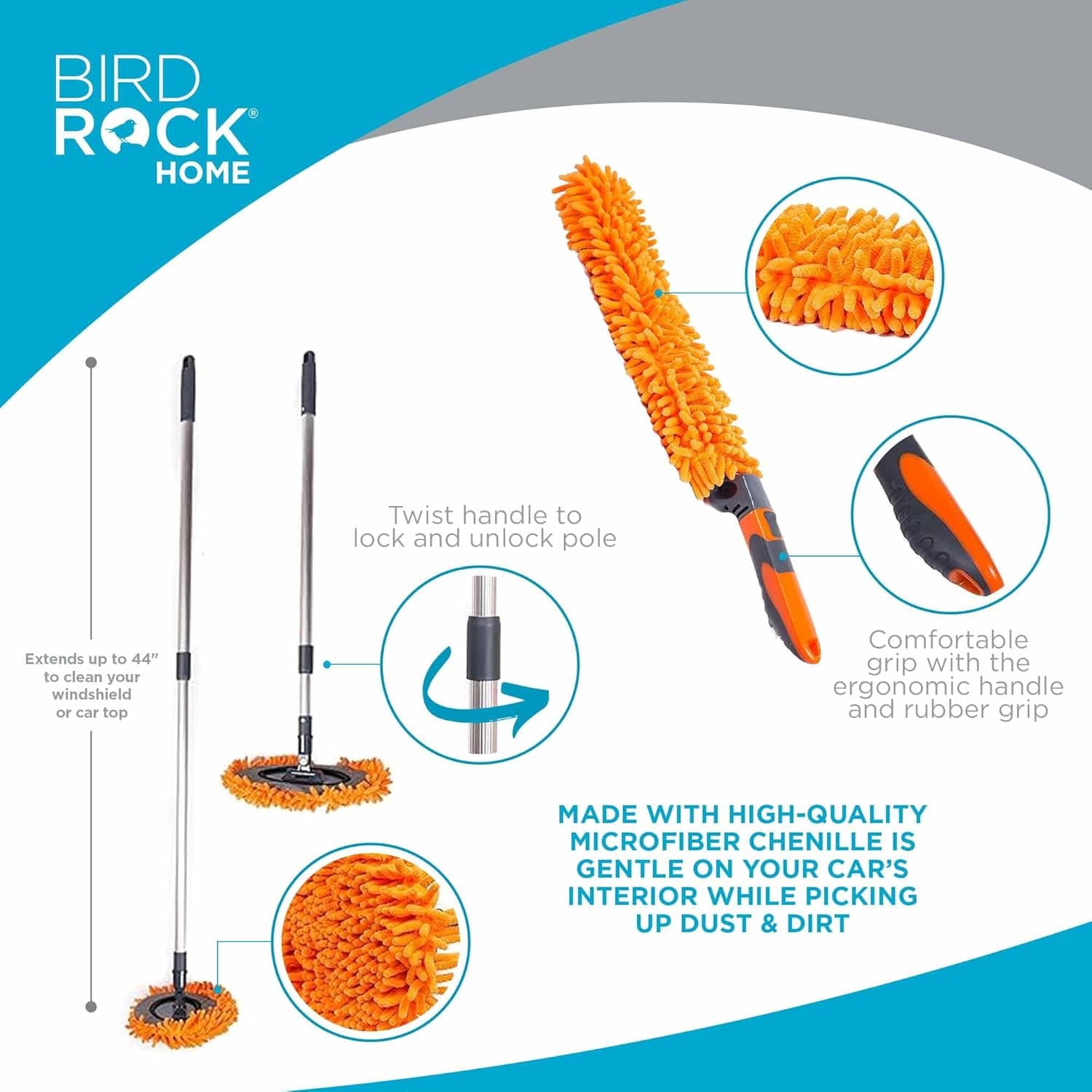 BIRDROCK HOME 6-Piece Car Wash Kit - Microfiber Cleaner, Tire & Wheel Brush, Sponge, Duster, Extendable Cleaning Tool - Car Detailing Set for Interior & Exterior - Car Wash Accessories, Men’s Car Care - Image 3