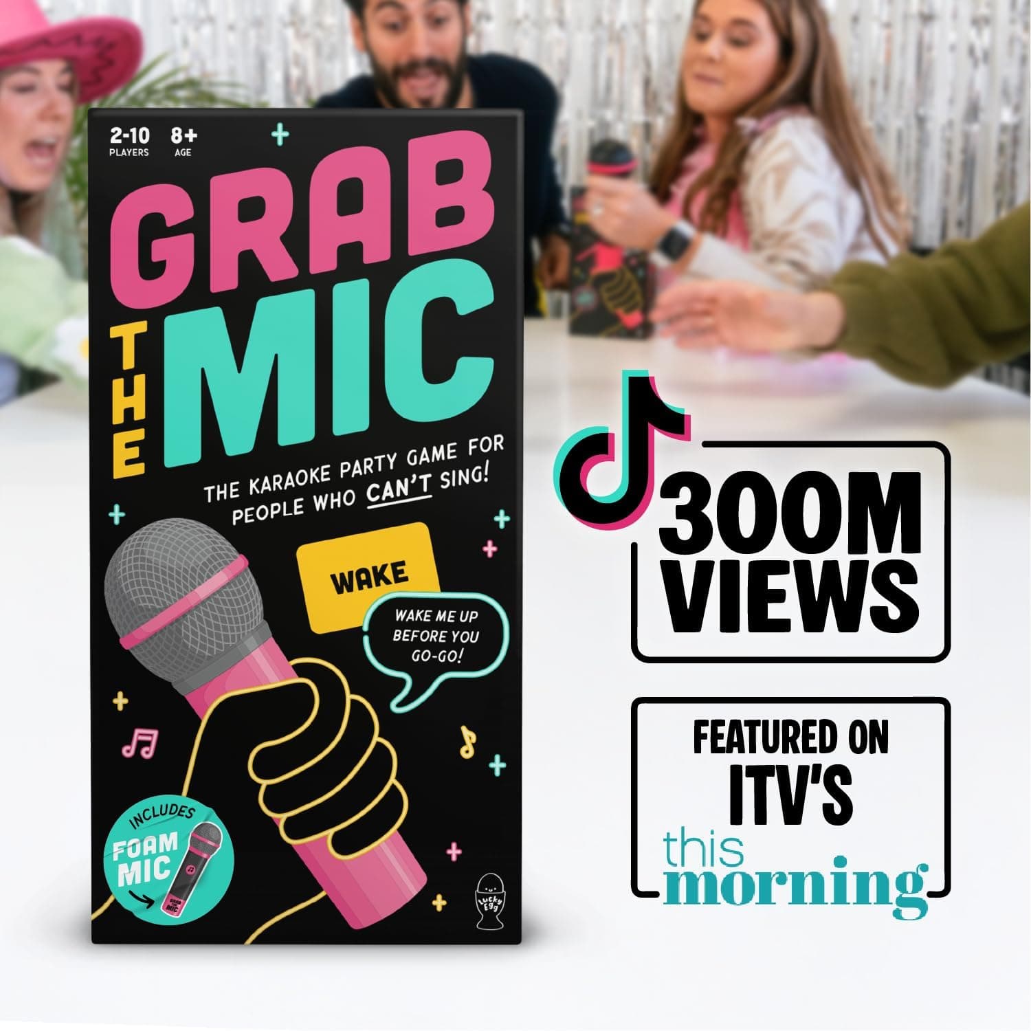 Lucky Egg Official Grab The Mic – Family Karaoke Board Game w/Foam Mic, 8+ Ages, 2-10 Players - Games for Bad Singers w/ 240 Lyrics (120 Cards) (First Edition) - Image 4