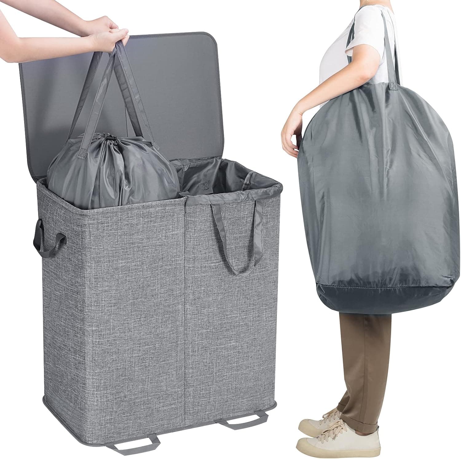 Lifewit Double Laundry Hamper with Lid and Removable Laundry Bags, Large Collapsible 2 Dividers Dirty Clothes Basket with Handles for Bedroom, Laundry Room, Closet, Bathroom, College, 136L Gray Gray 136L - Image 4