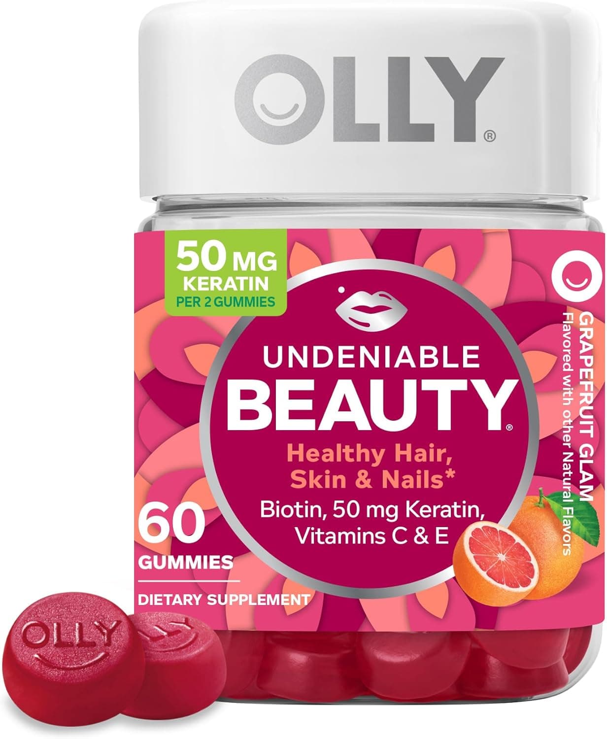 OLLY Undeniable Beauty Gummy, For Hair, Skin, Nails, Biotin, Vitamin C, Keratin, Chewable Supplement, Grapefruit, 30 Day Supply - 60 Count 60 Count (Pack of 1) - Image 2