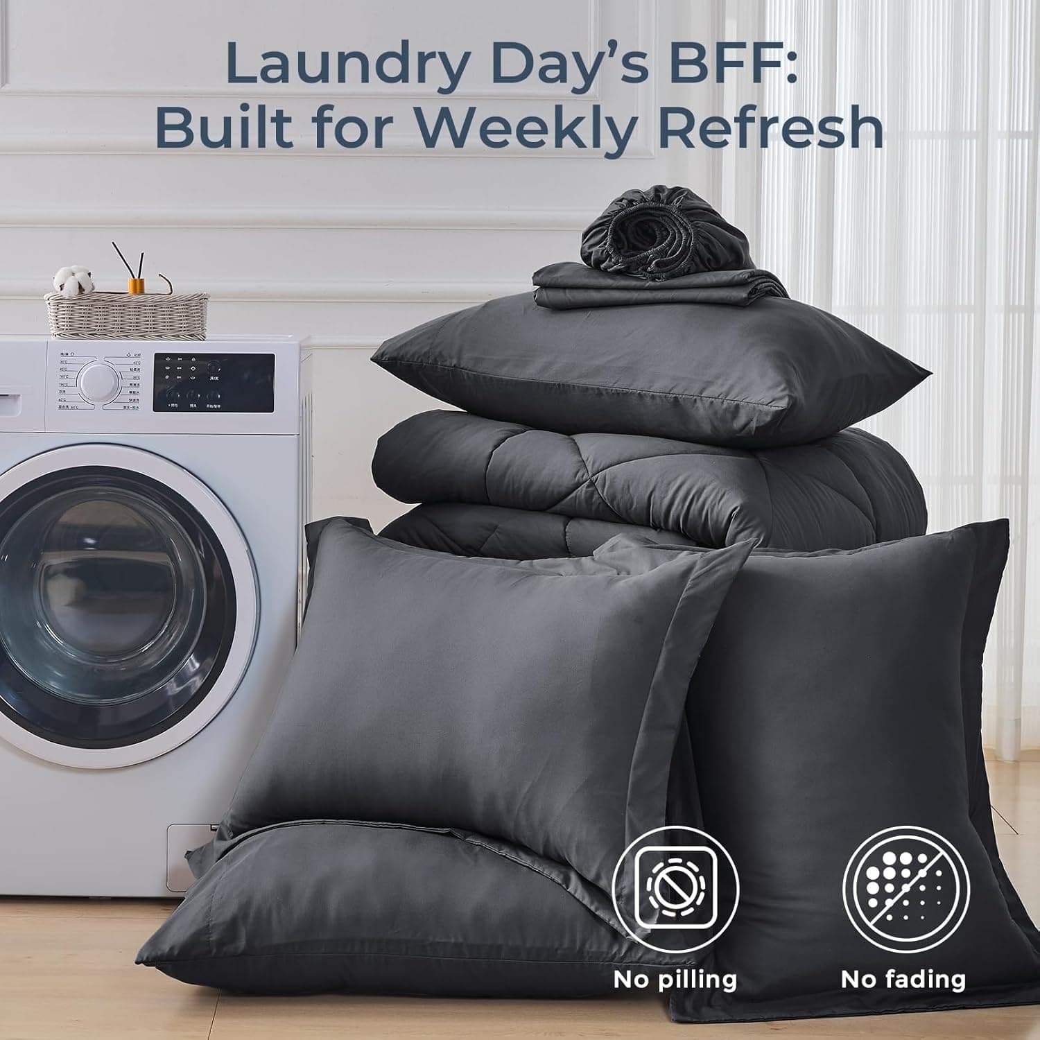 HEVUMYI Ensemble de Couette Queen de 7 Pièces, Ensemble de Lit Réversible Toutes Saisons, Ensemble de Literie Ultra Doux avec Couette Grise, Drap Plat, Drap Housse, Taies d'Oreiller, Housses de Coussin, Queen Gris Foncé - Image 8