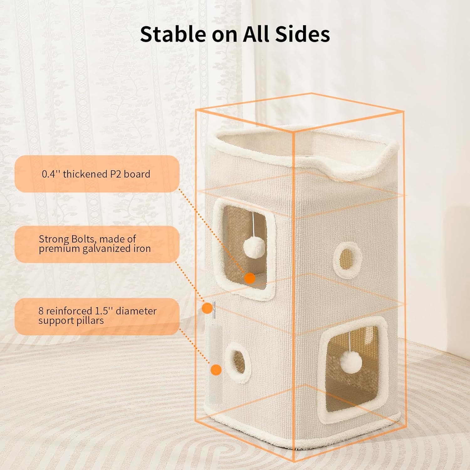 Cat Beds for Indoor Cats, Cat House 2-Story, Cat Condo with Stable Frame and Large Scratch Pad, 24'' Durable Cat Cube Playhouse with Dangling Balls, Perfect for Multiple Pets White 2-Tier Regular - Image 5