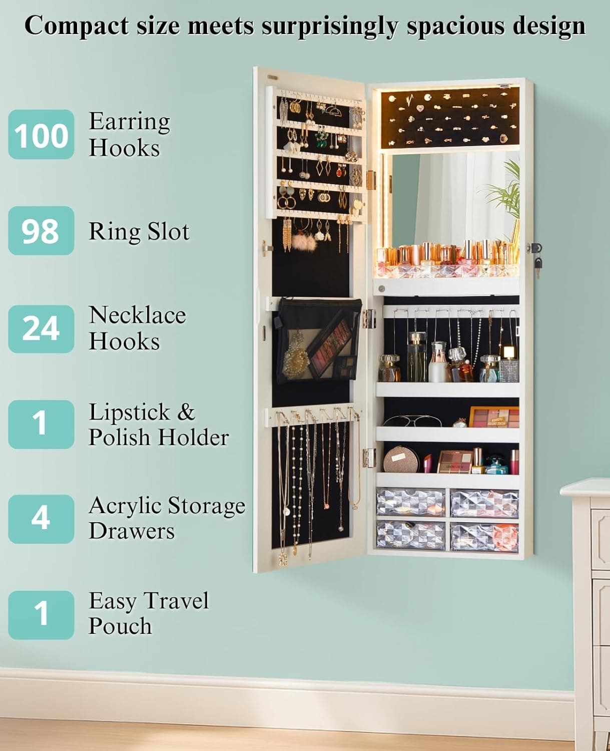LUXFURNI LED Lights Mirror Jewelry Cabinet Wall Mounted or Door-Hanging, 42" Full Length Mirror with Storage, Built-in Makeup Mirror, Lockable Jewelry Mirror Organizer, White Full Frame White - Image 3