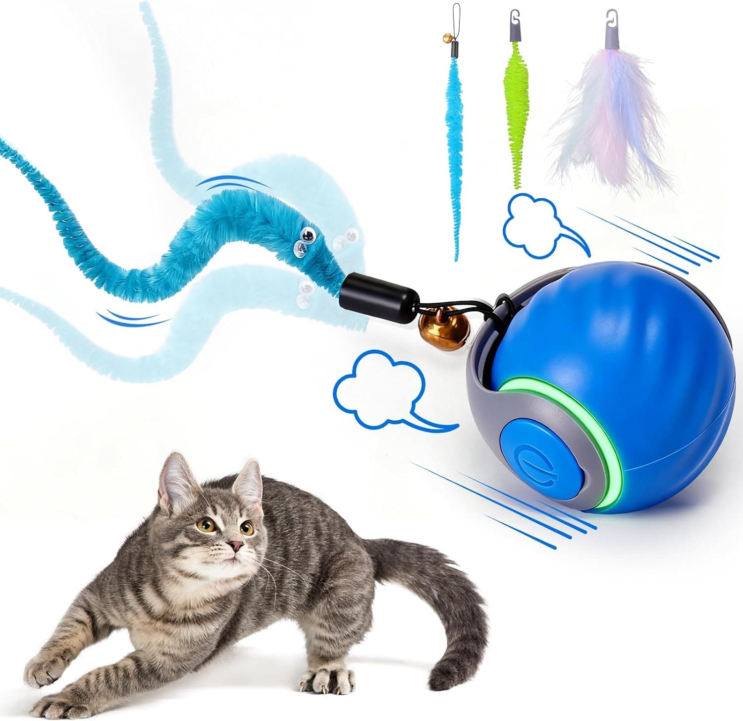 BABORUI Interactive Cat Toy Ball - Automatic Interactive Cat Toys for Indoor Cats with 3 Tails, 2 Speeds Rechargeable Cat Enrichment Toys for Small/Medium/Large Cats to Keep Them Busy(Blue) - Image 2