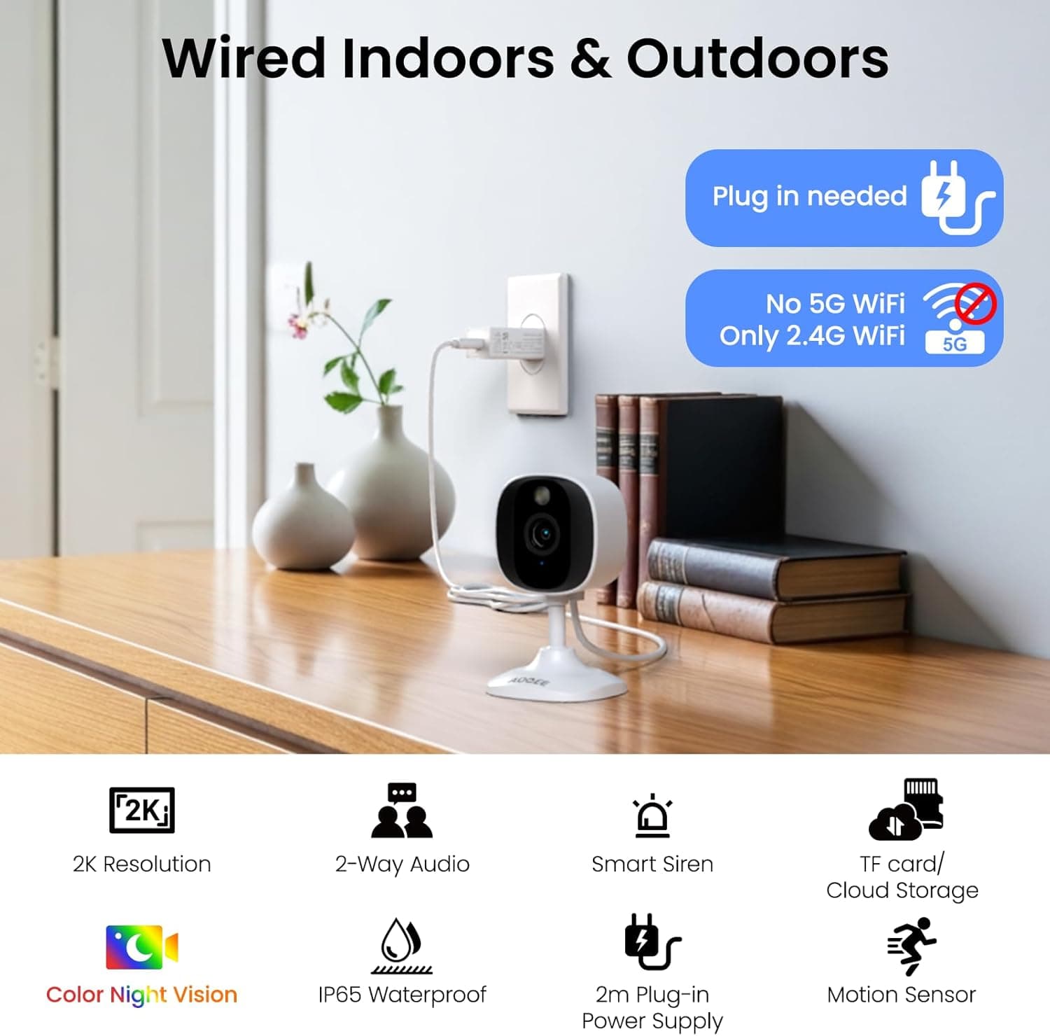 2K Cameras for Home Security-Outdoor/Indoor Camera for Dog/Cat/Pet/Nanny/Baby/Elderly, Color Night Vision, White Light, Siren, 24/7 SD Recordings, Works with Alexa, Plug in (C1-White-2pack-2.4G) - Image 2