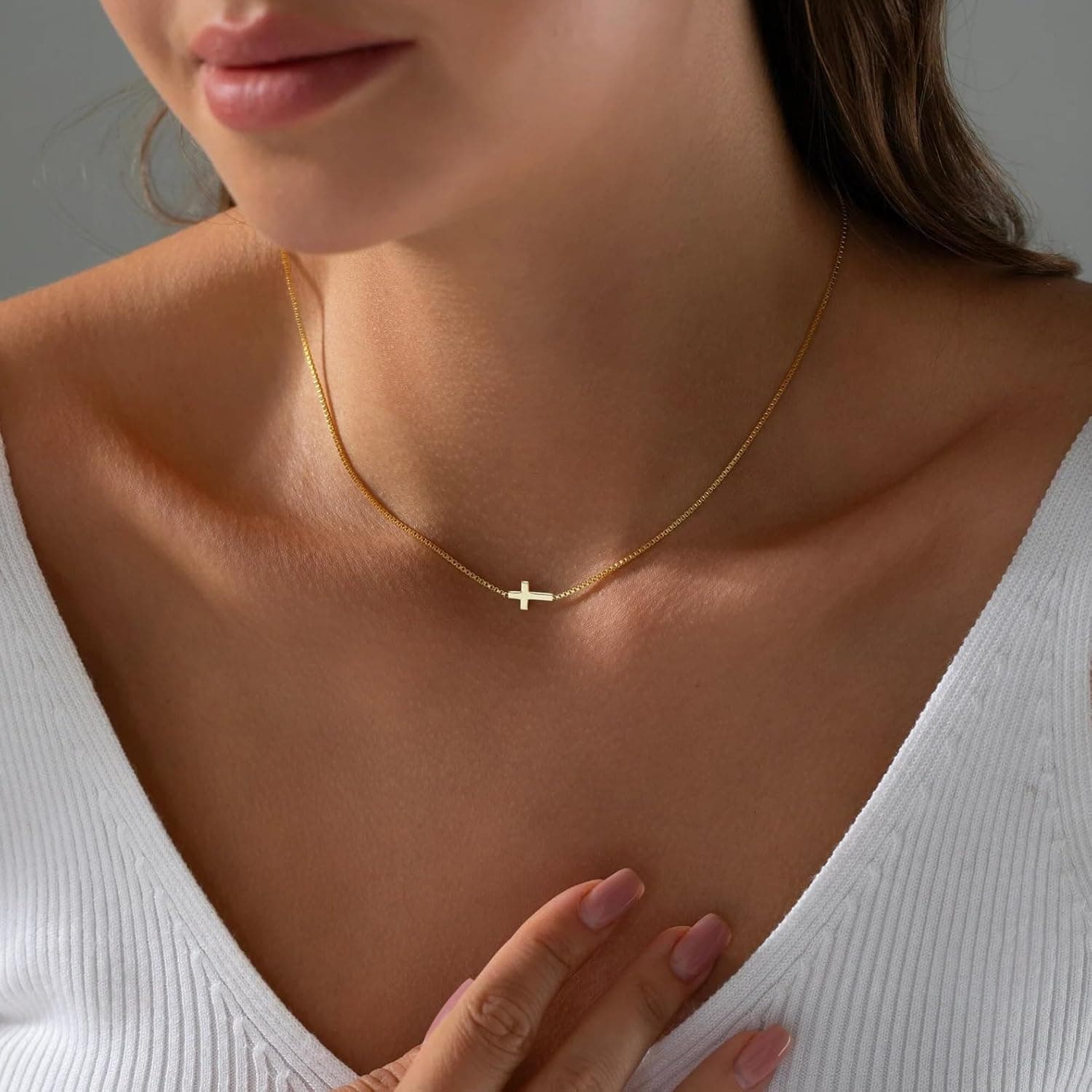 Cross Necklace for Women 14K Gold Silver Plated Dainty Small Cross Pendant Choker Simple Trendy Cute Cross Charm Chain Necklace Easter Basket Stuffers Baptism Religious Faith Jewelry Gift Box Chain Sideways Cross-GD - Image 4
