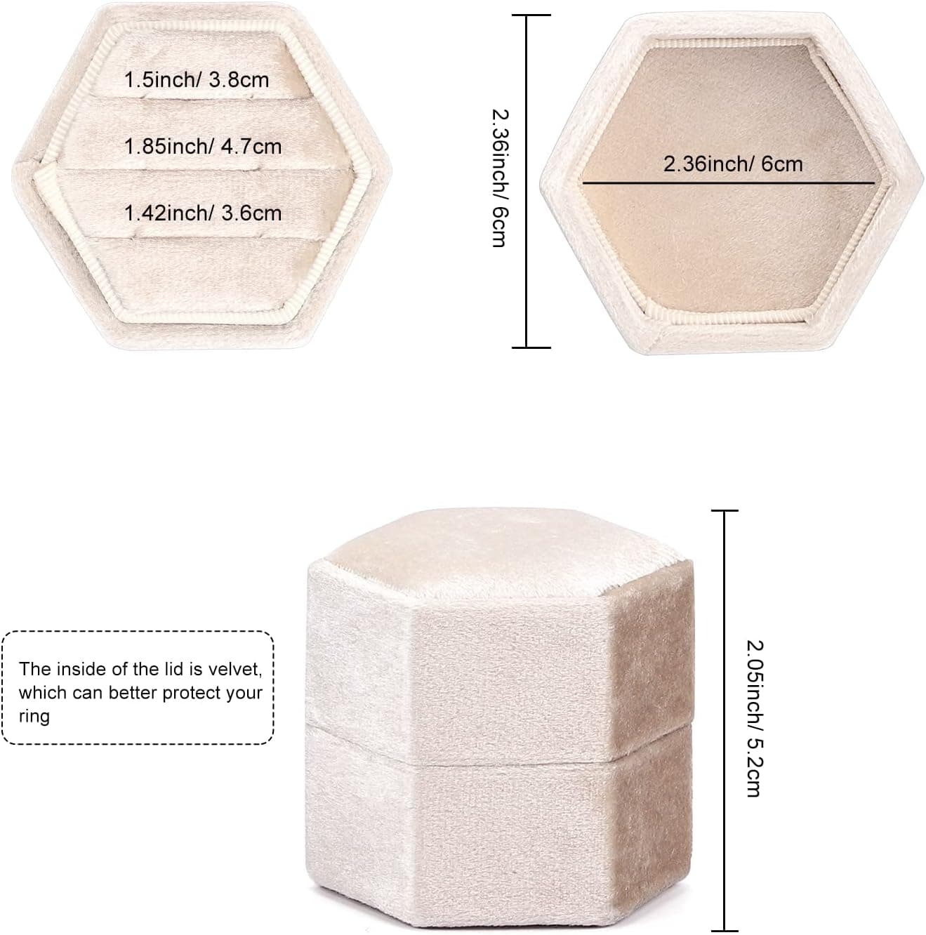 WantGor Velvet Jewelry Ring Box, 3 Slots Hexagon Ring Gift Box Vintage Ring Display Holder Case for Wedding Ceremony Proposal Engagement (Beige, 3 Slots) 3 Slots Beige - Image 4