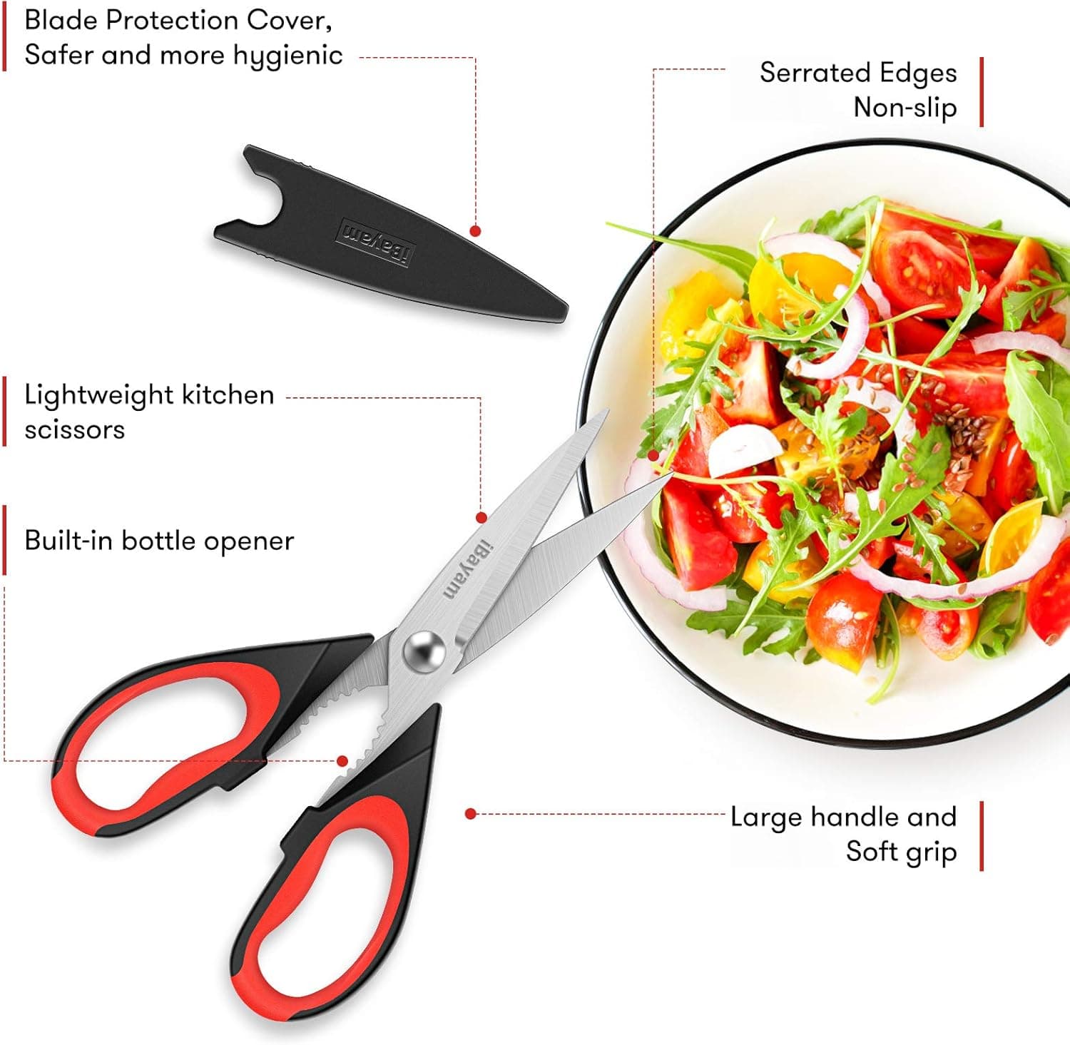 iBayam Kitchen Scissors All Purpose Heavy Duty, Kitchen Utensils Set, Stainless Steel Cooking Utensils Gadgets, Meat Poultry Food Shears Dishwasher Safe Utility Tools Home Gift, with Protective Sheath Black Red, Black Gray 2-Pack - Image 3