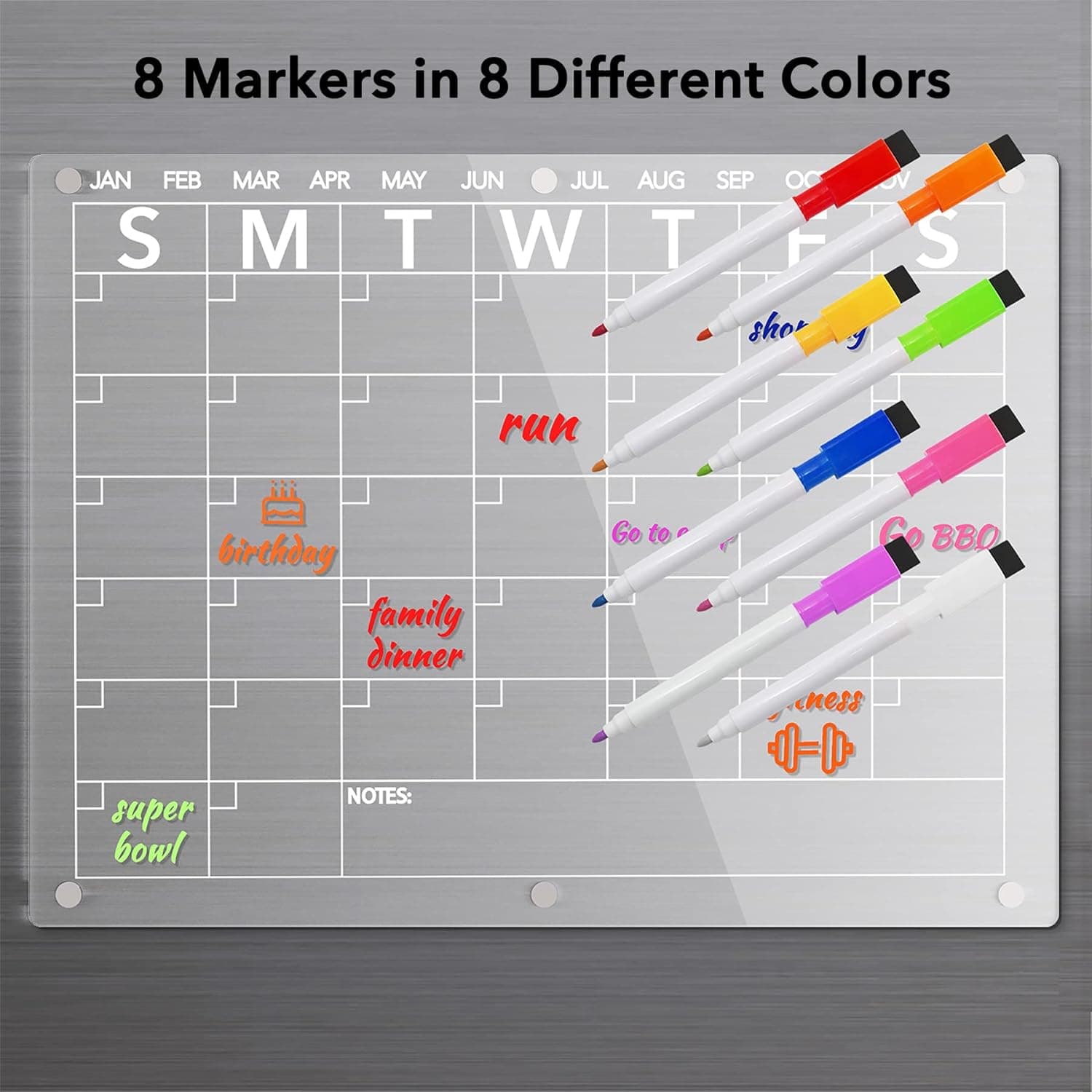 Acrylic Magnetic Dry Erase Board Calendar for Fridge, Clear Monthly Planner Whiteboard for Refrigerator, w/ 8 Colors Markers, 15"x11" 15"x11" Monthly - Image 4