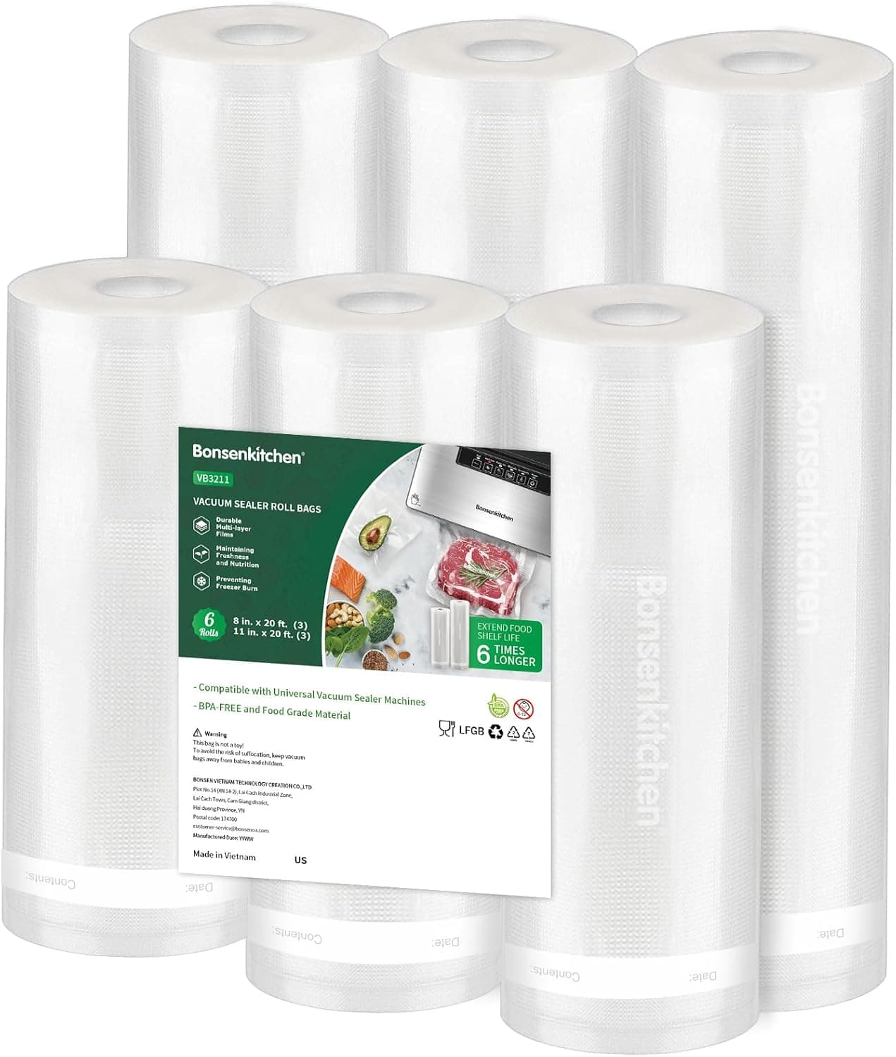 Bonsenkitchen Vacuum Sealer Rolls Bags, 6 Pack 3 Rolls 11" x 20' + 3 Rolls 8" x 20' Commercial Grade BPA Free Bag Rolls, Durable Customized Size Food Vac Bags for Storage and Sous Vide Cooking VB3211 3 Rolls 8 in*20 ft + 3 Rolls 11 in*20 ft - Image 2