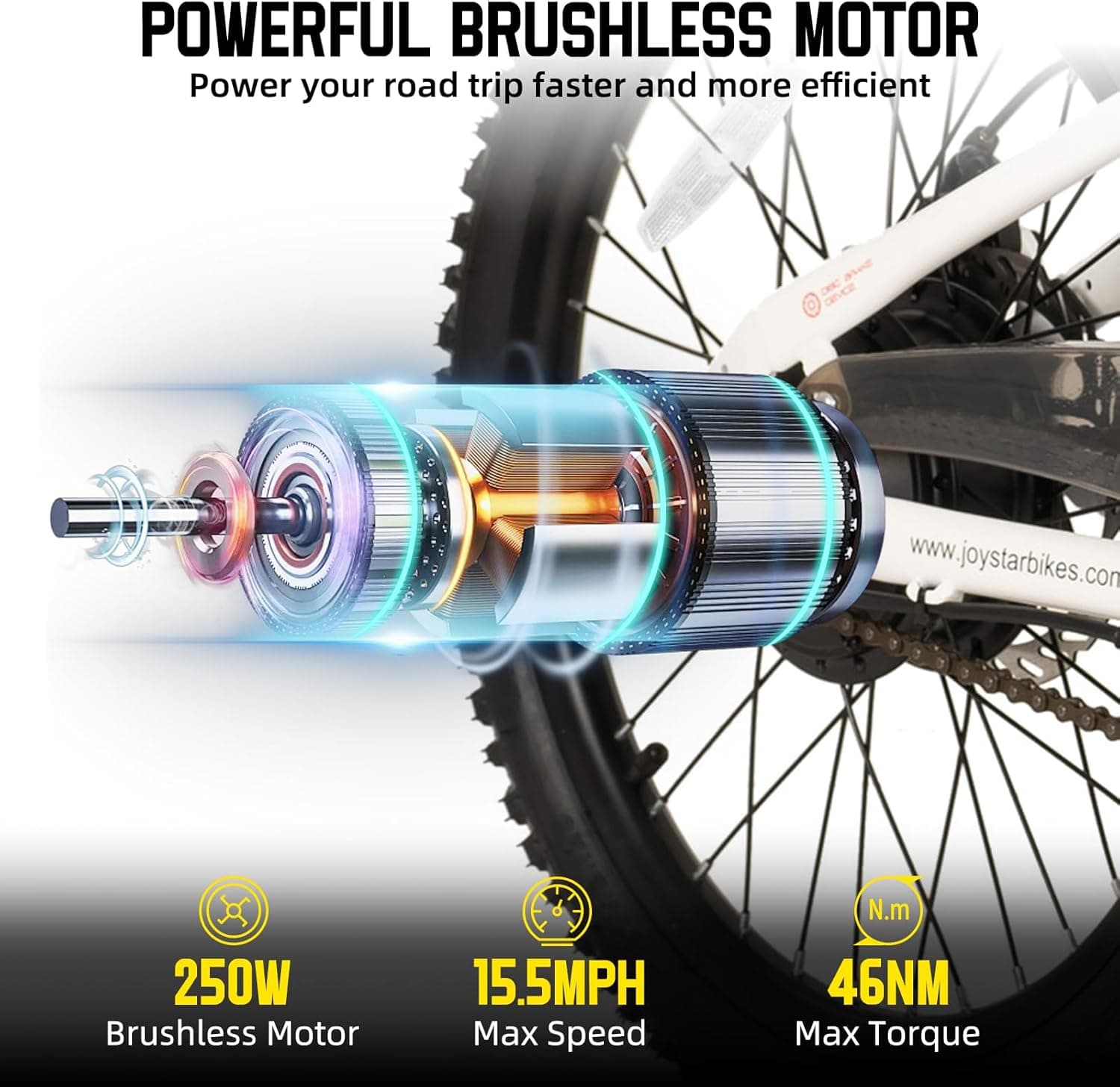 JOYSTAR Electric Bike for Kids Teens Ages 7+ with 250W Brushless Motor, 15 Miles 15MPH Electric Mountain Bicycle with Removable Battery, Safe Mini Ebikes with Dual Disc Brakes, Multiple Colors White 20 Inch Spoked Wheels - Image 3