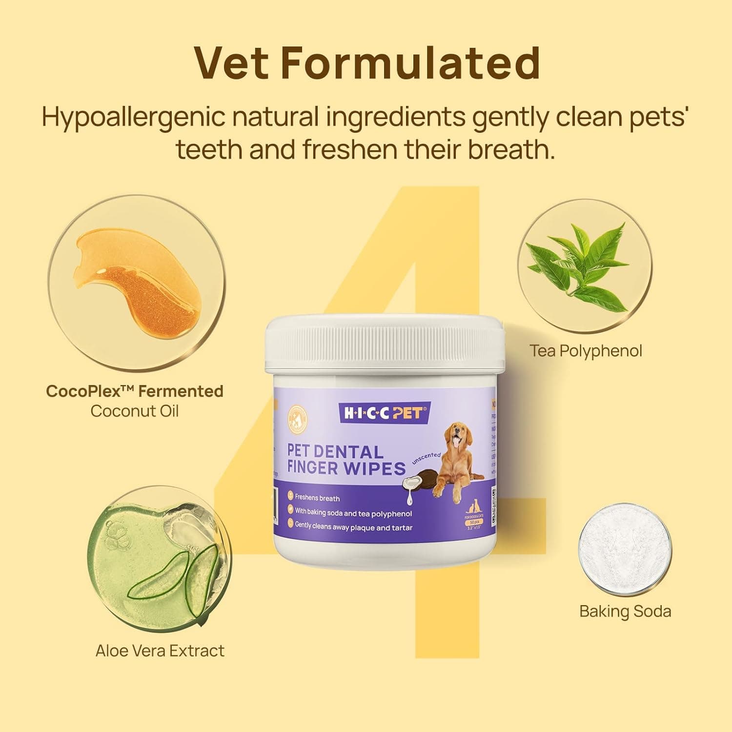 HICC Pet Teeth Cleaning Wipes for Dogs & Cats, Vet-Recommended Remove Bad Breath & Plaque & Tartar Buildup, Dog Tooth Brushing Kit, Dog Breath Freshener, Dogs Toothbrush & Toothpaste Alternatives Unscented 50 Count (Pack of 1) - Image 3