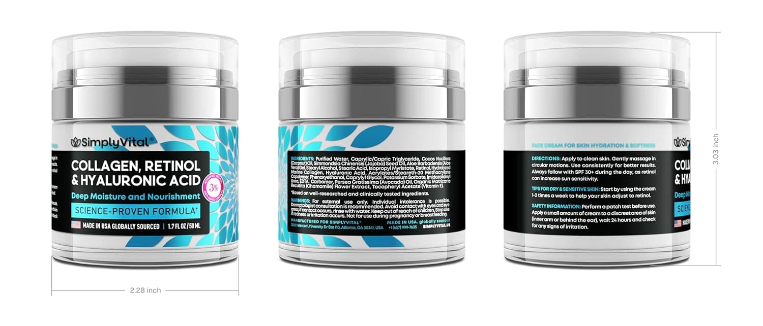 SimplyVital Collagen, Retinol & Hyaluronic Acid Cream - Anti-Aging Face Moisturizer for Face, Firming Skin Care Neck & Décolleté - Made in USA, Daily Moisturizer Face Cream Day & Night - 1.7 fl.oz. Cream 1.7 Fl Oz (Pack of 1) - Image 10