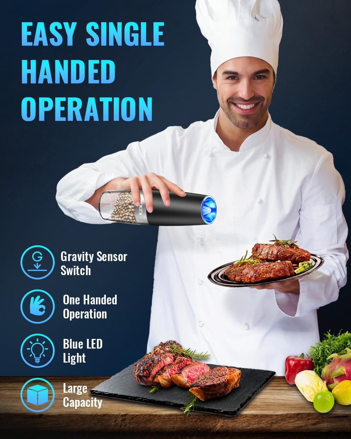 XinXu Gravity Electric Pepper and Salt Grinder Set, Adjustable Coarseness, Battery Powered with LED Light, One Hand Automatic Operation, Black -2 Pack L Set/Black - Image 4