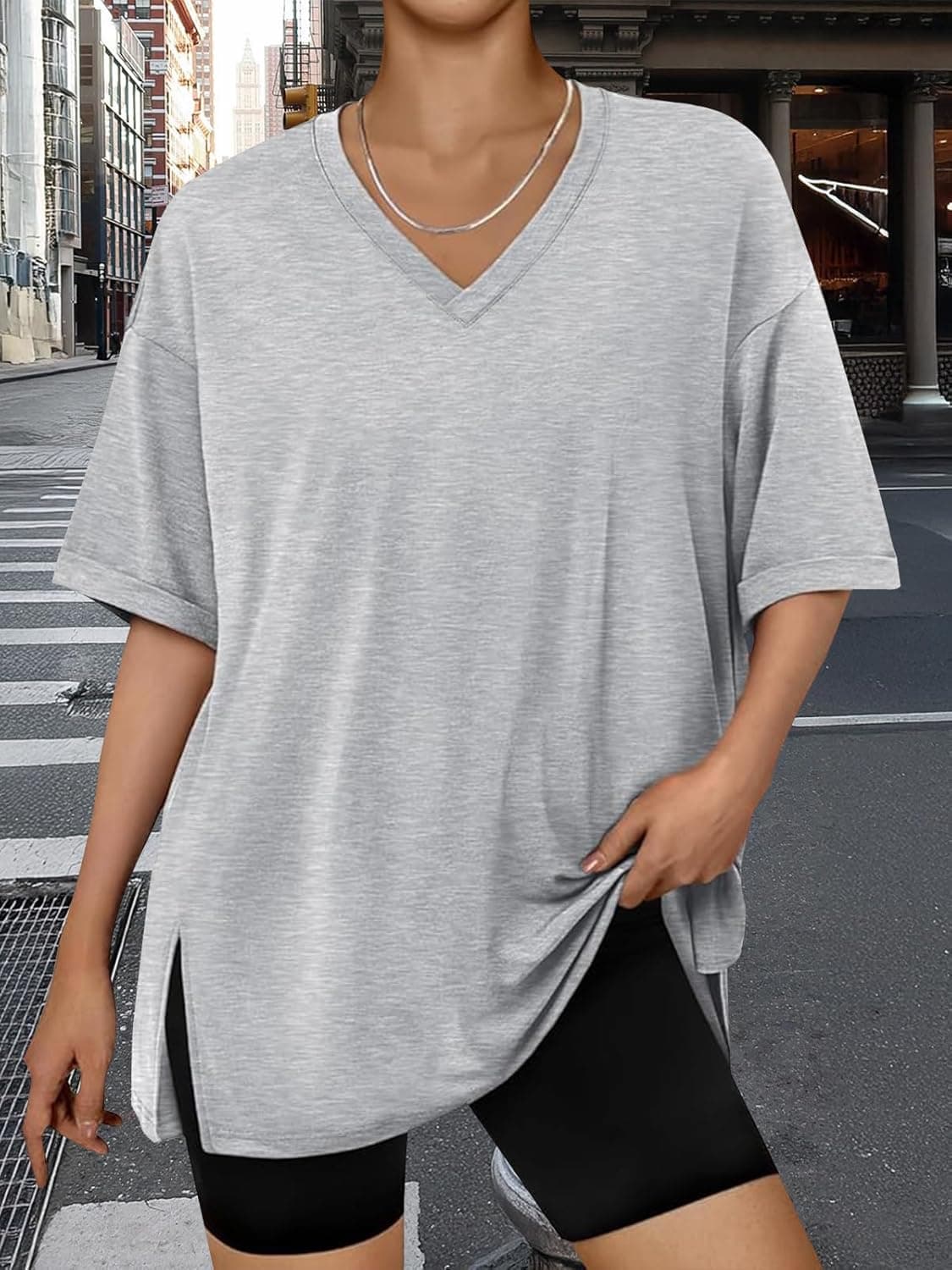 Trendy Queen Oversized Tshirts for Women Workout Plus Size Tops V Neck Short Sleeve Gym Shirts Casual Loose Fit Basic Tees Grey XX-Large - Image 7