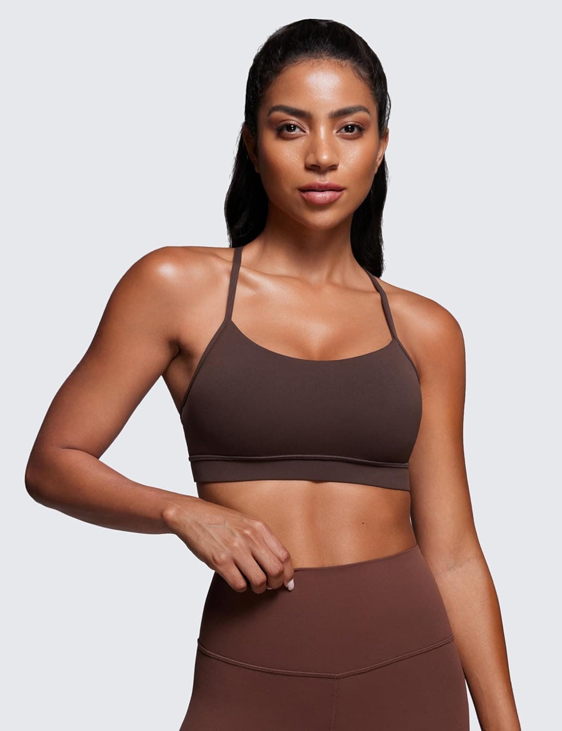 CRZ YOGA Womens Butterluxe Y Back Sports Bra - Padded Racerback Low Impact Spaghetti Thin Strap Workout Yoga Top Small Hot Fudge Brown - Image 3