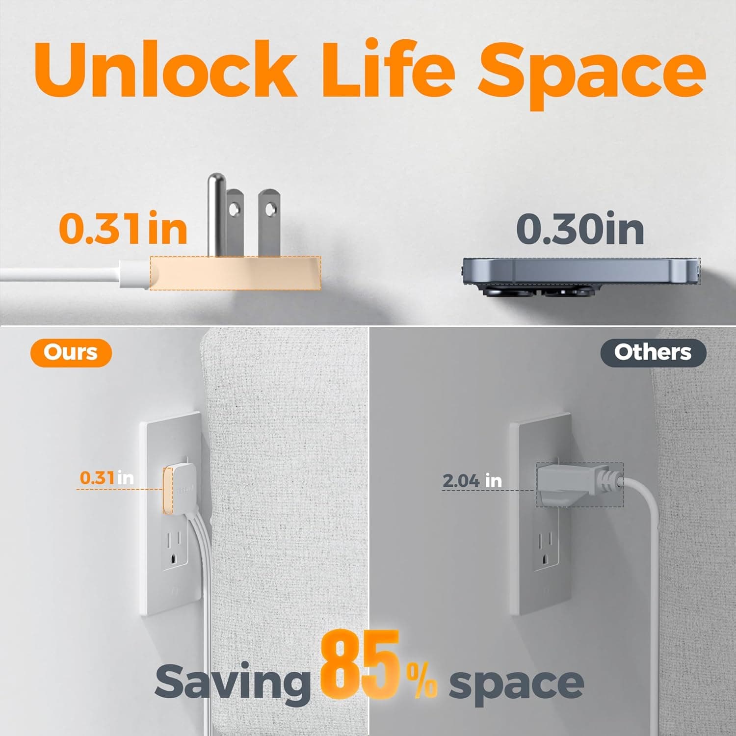 TESSAN Surge Protector Flat Extension Cord 5Ft, Flat Plug Power Strip with 4 Outlets 3 USB Ports (1 USB C), 900 Joules Protection, Multiple Wall Outlet Extender Suitable for Home Office Dorm, Grey Grey & Surge Protector 5 FT - Image 7