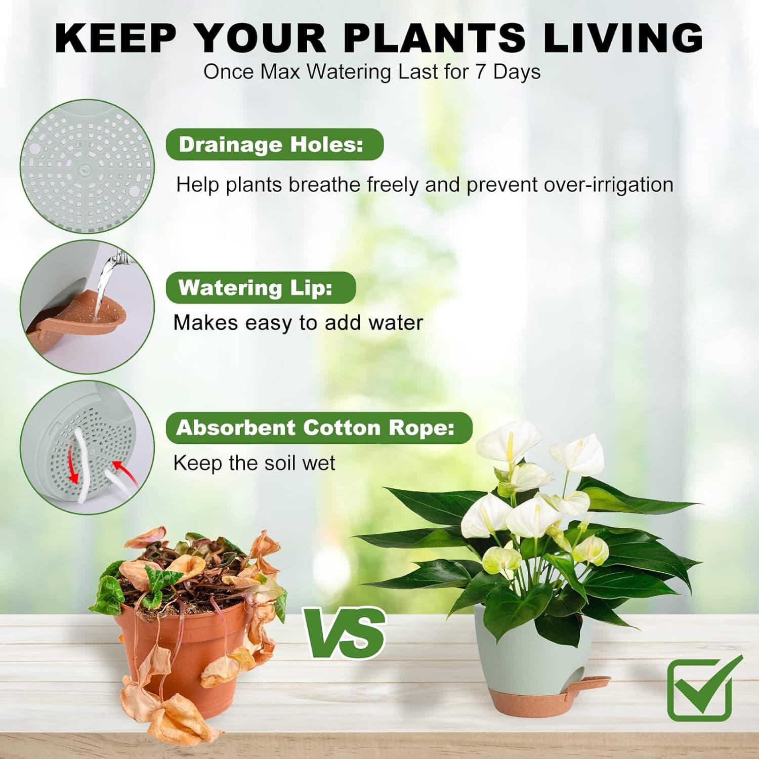 Plant Pots Indoor 7/6.5/6/5.5/5 Inch Self Watering Planters for Indoor Plants with Drainage Hole, Plastic Flower Pots for Succulents, African Violet (Green) Green-5pack 7/6.5/6/5.5/5 inch - Image 3