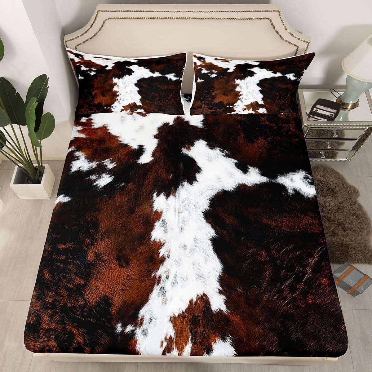 Cowhide Print Fitted Sheet Full Size 3 Pcs, Cow Fur Pattern Theme Bedding Deep Pocket for Home Bedroom Decor, Maroon (1 Fitted Sheet+2 Pillowcases) No Flat Sheet Cowhide Print 01 FULL (W54*L75*H16") - Image 6
