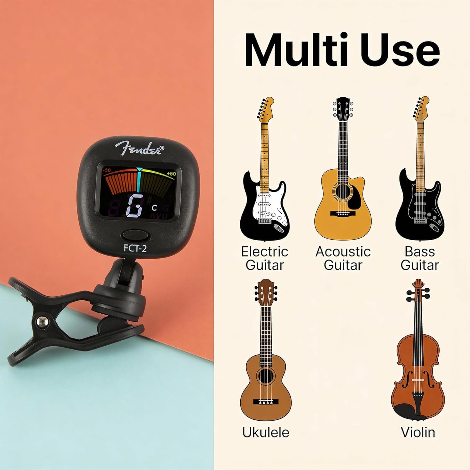 Fender FCT-2 Professional Multi-Instrument Clip-On Tuner for Guitar, Bass, Ukulele, and Violin - Image 6