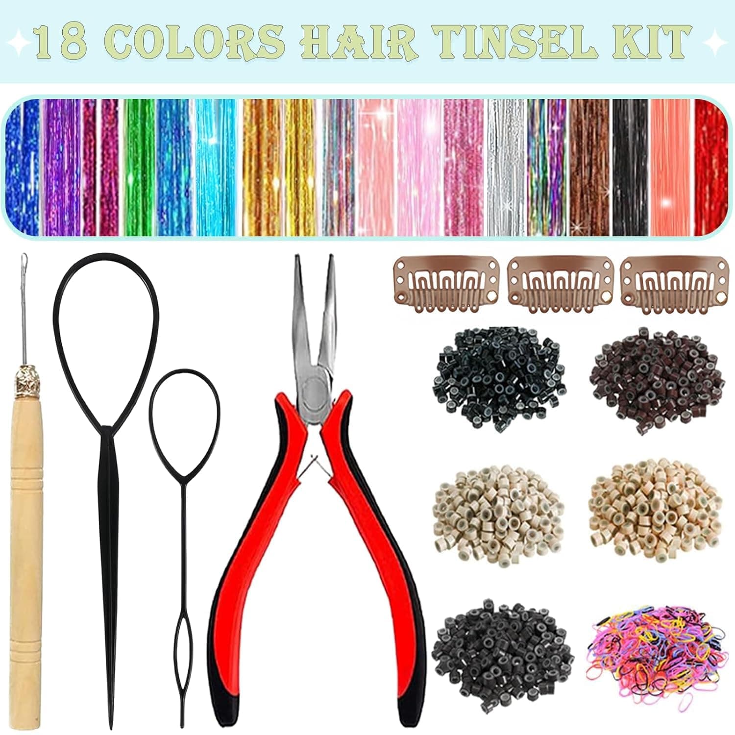Hair Tinsel,18 Colors Hair Tinsel Kit for Girls 7600 Strands Fairy Tinsel Hair Extensions Holographic Hair Tinsel Heat Resistant Colored Hair Glitter Christmas Party Festival (18 Colors) - Image 3