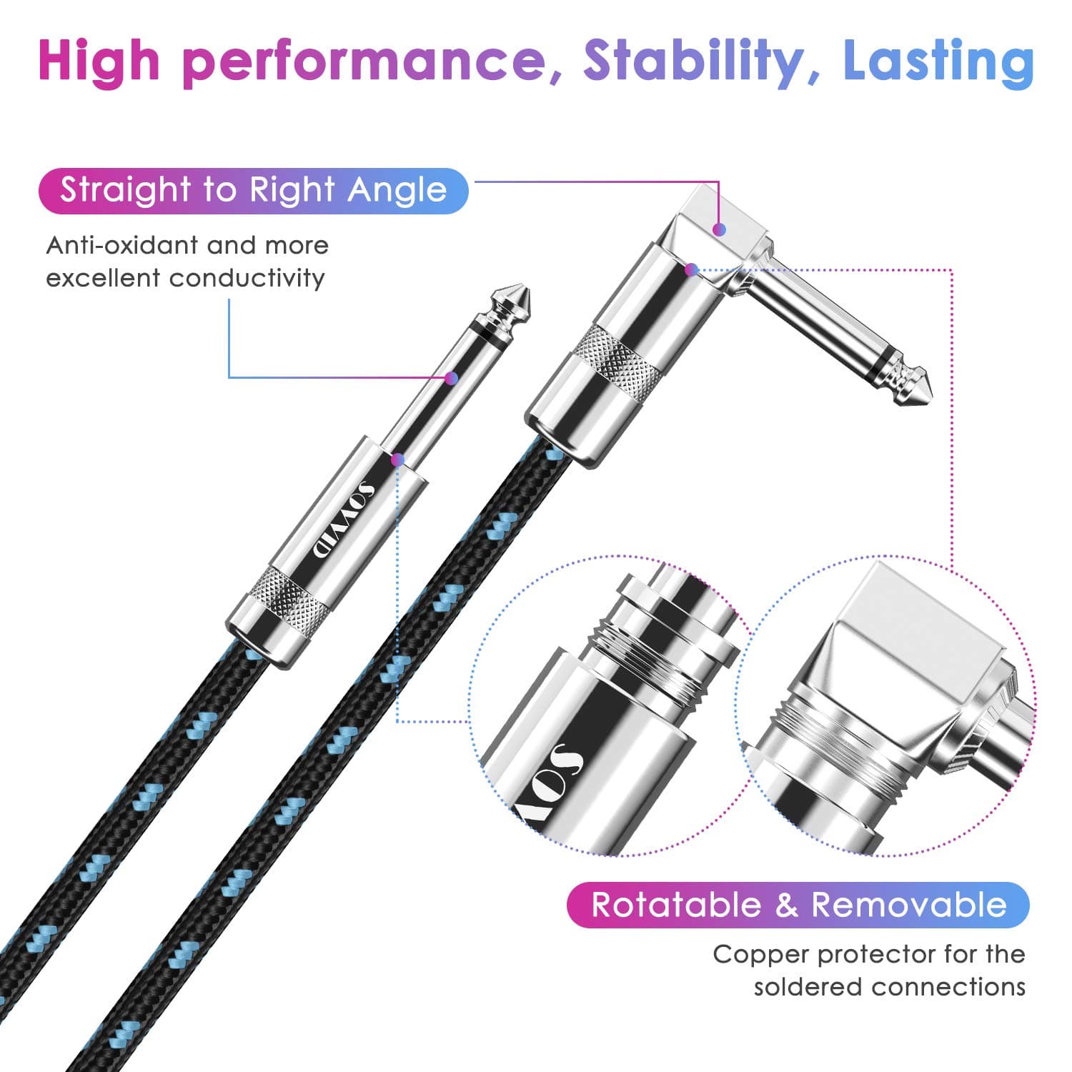 10FT 2 Pack Instrument Cable - Electric & Bass Guitar, Keyboard, AMP Cord - 1/4 Inch Right Angle Black & Blue 10 FT 2 Pack-Right Angle Black Blue - Image 4