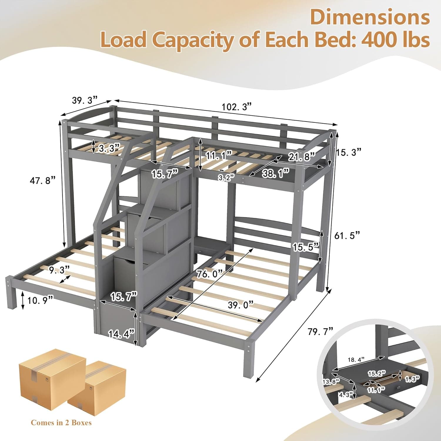 Bellemave Triple Bunk Bed Twin Over Twin Over Twin with Stairscase and Drawers for Storage, Wood Bunk Beds Frame for 3, Saving Spcae, Gray - Image 3