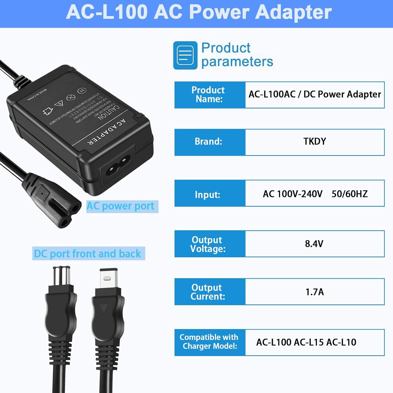 TKDY AC-L100 for Sony Handycam Camcorder Charger Cord Replace AC-L10A L10B L15A L15B L100A L100B L100C AC Adapter, fit for Sony Hi8 CCD- TRV128 TRV103 TRV130 TRV150 TRV108 TRV308 etc. - Image 4