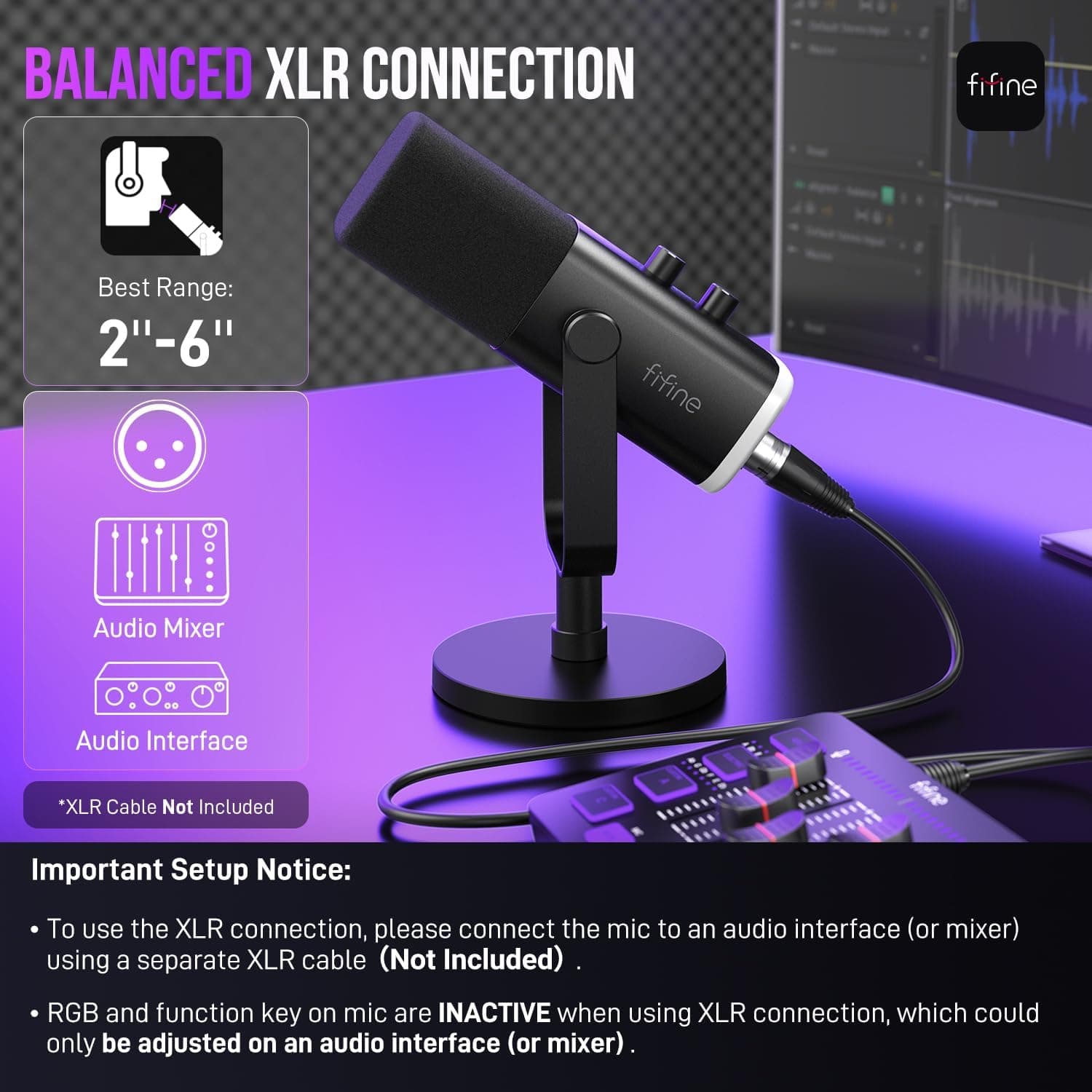 FIFINE USB/XLR Dynamic Microphone for Podcast Recording, PC Computer Gaming Streaming Mic with RGB Light, Mute Button, Headphones Jack, Desktop Stand, Vocal Mic for Singing YouTube-AmpliGame AM8 Black - Image 7