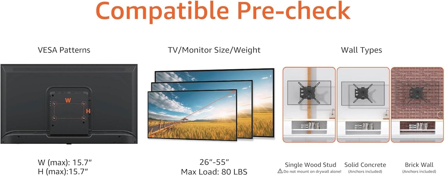 Amazon Basics Full Motion Articulating TV Wall Mount, with Swivel and Tilt, for 26" to 55" TVs and Flat Panels up to 80 Lbs, VESA Compatible, Black 26" to 55" Full Motion Articulating - Image 2