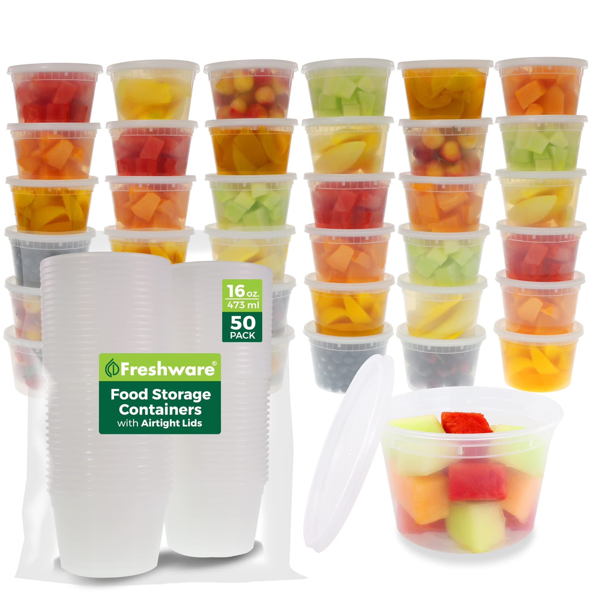 Freshware Food Storage Containers [50 Set] 16 oz Plastic Deli Containers with Lids, Slime, Soup, Meal Prep Containers | BPA Free | Stackable | Leakproof | Microwave/Dishwasher/Freezer Safe 16 oz, 50-Set One Size