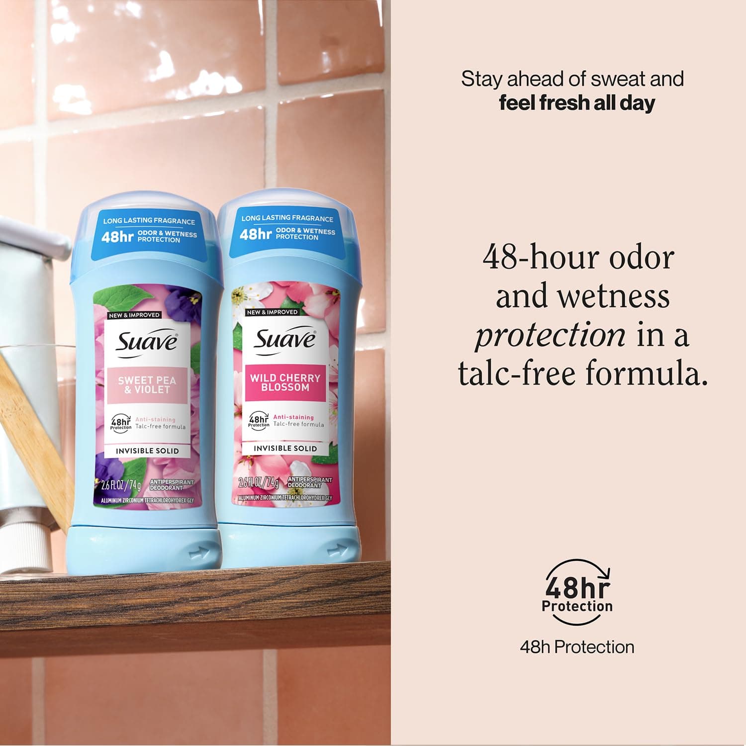 Suave Antiperspirant Deodorant for Women, Wild Cherry Blossom + Sweet Pea & Violet Variety 4-Pack – Anti-Staining Invisible Solid Sticks, Talc-Free, 2.6 Oz Ea - Image 4