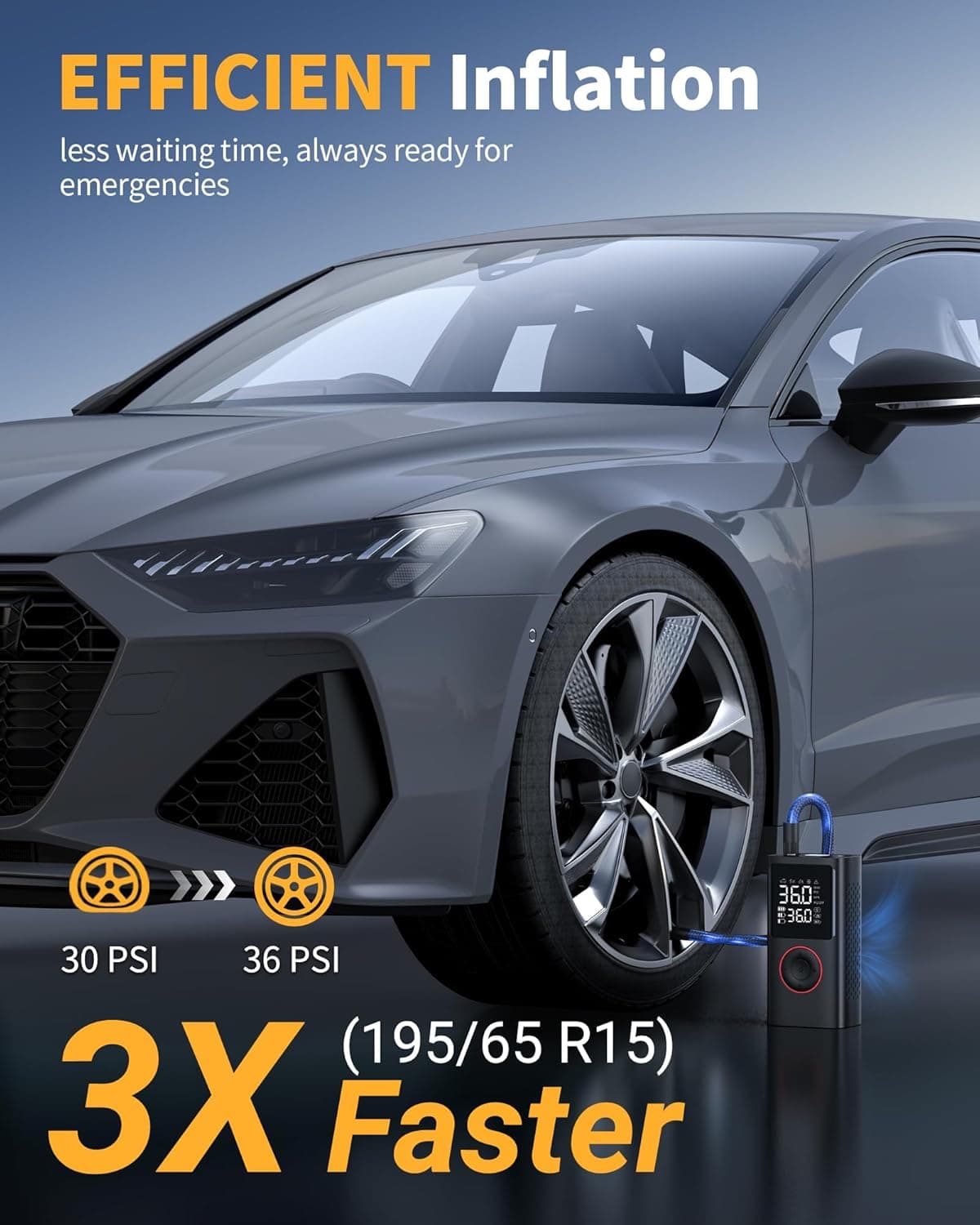 Tire Inflator Portable Air Compressor, 150 PSI Cordless Bike Pump, Air Pump for Auto, Motorcycle, Bicycle, Balls with Pressure Gauge, LED Light & Car Accessories, Black, Standard Capacity Standard Capacity Black - Image 3