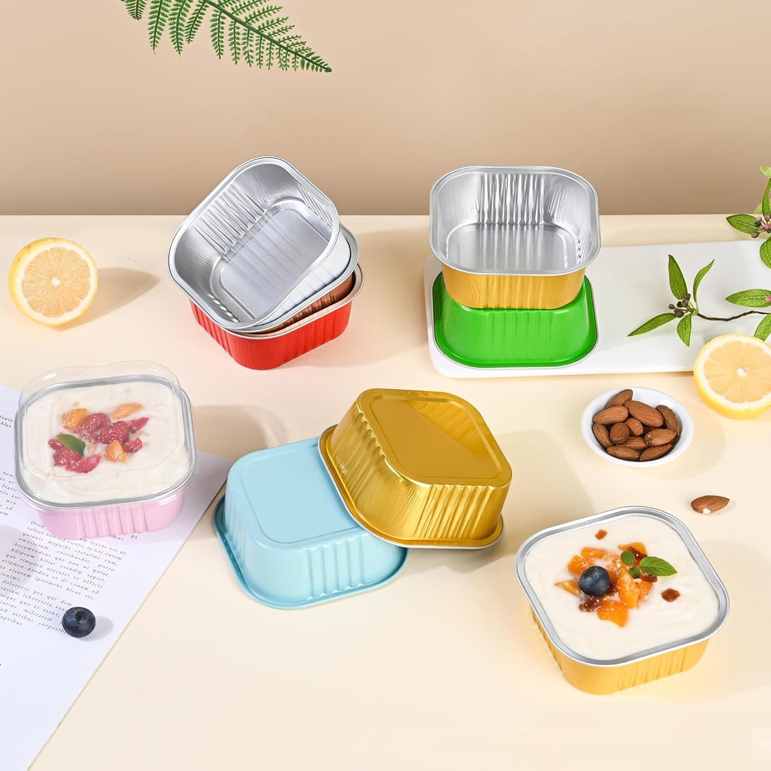 40 Pack Mini Cake Pans with Lids, 5oz Square Aluminum Foil Brownie Baking Cups, Muffin Tin Ramekins, Disposable Dessert Cupcake Cups for Wedding Birthday Party, Gold - Image 4