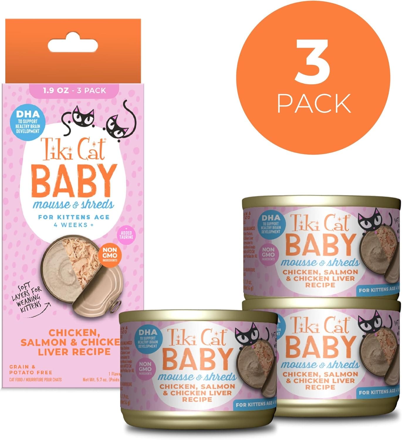 Tiki Cat Baby Mousse & Shreds, Chicken, Salmon, and Chicken Liver, High-Protein, Wet Cat Food for Kittens 4 Weeks+, 1.9 oz. Cans (Pack of 3) Chicken, Salmon & Chicken Liver 1.9 Ounce (Pack of 3) - Image 3